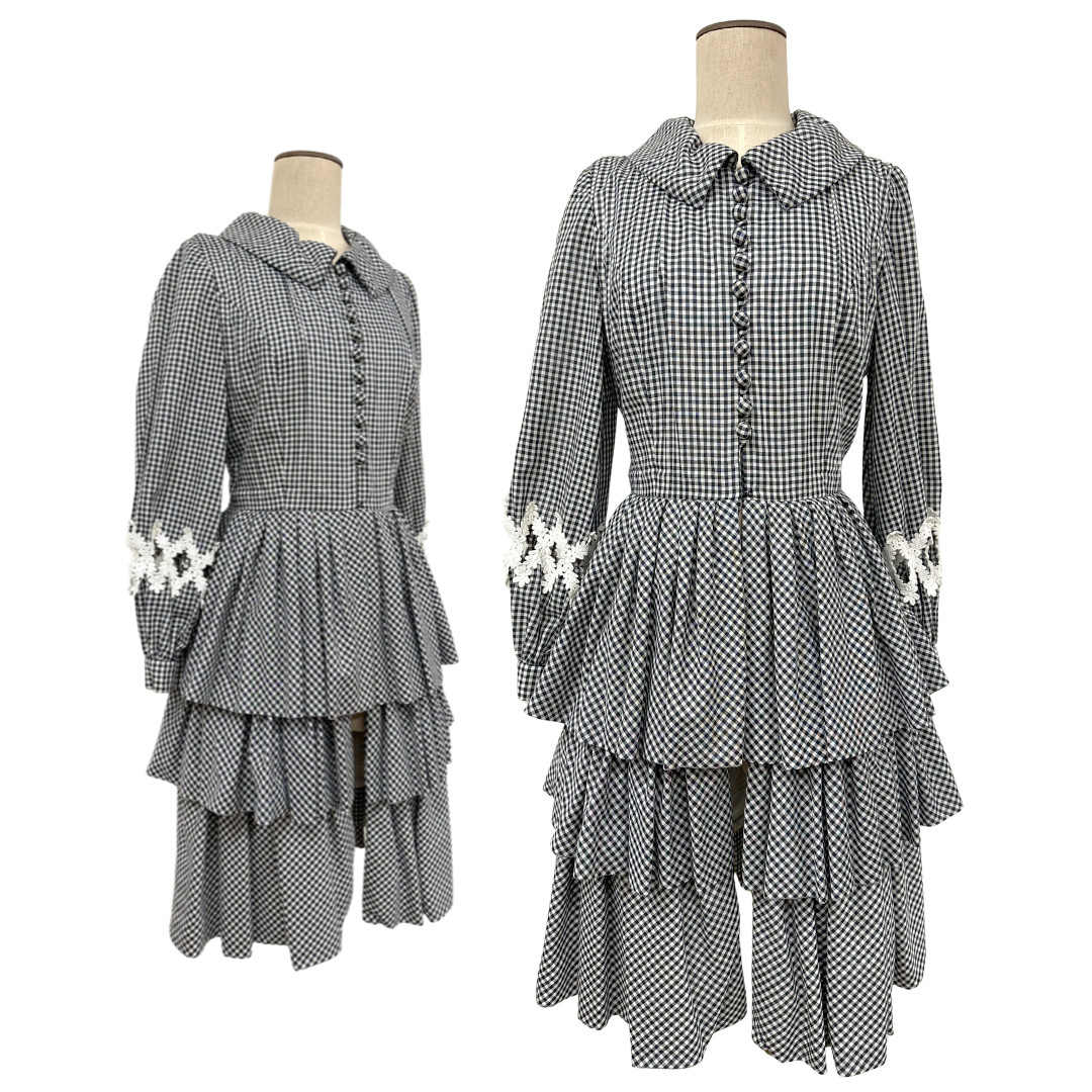 Vintage 1970s Gingham Black & White Layered Tiered Open Front Cutout Sleeve Coat