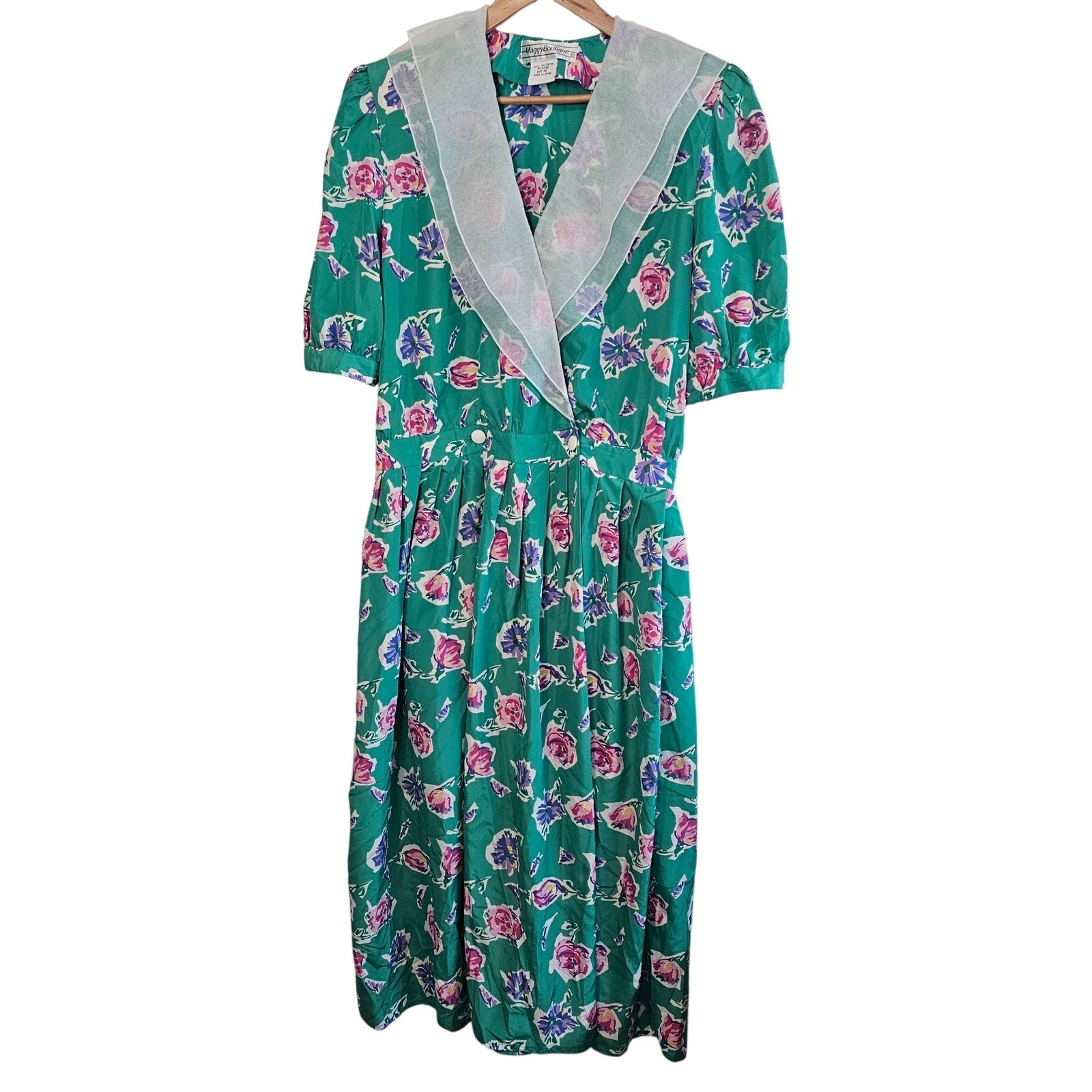 Vintage 90s Maggy Boutique Dress Women Sz 16 Green Floral Pleated Preppy Cottage
