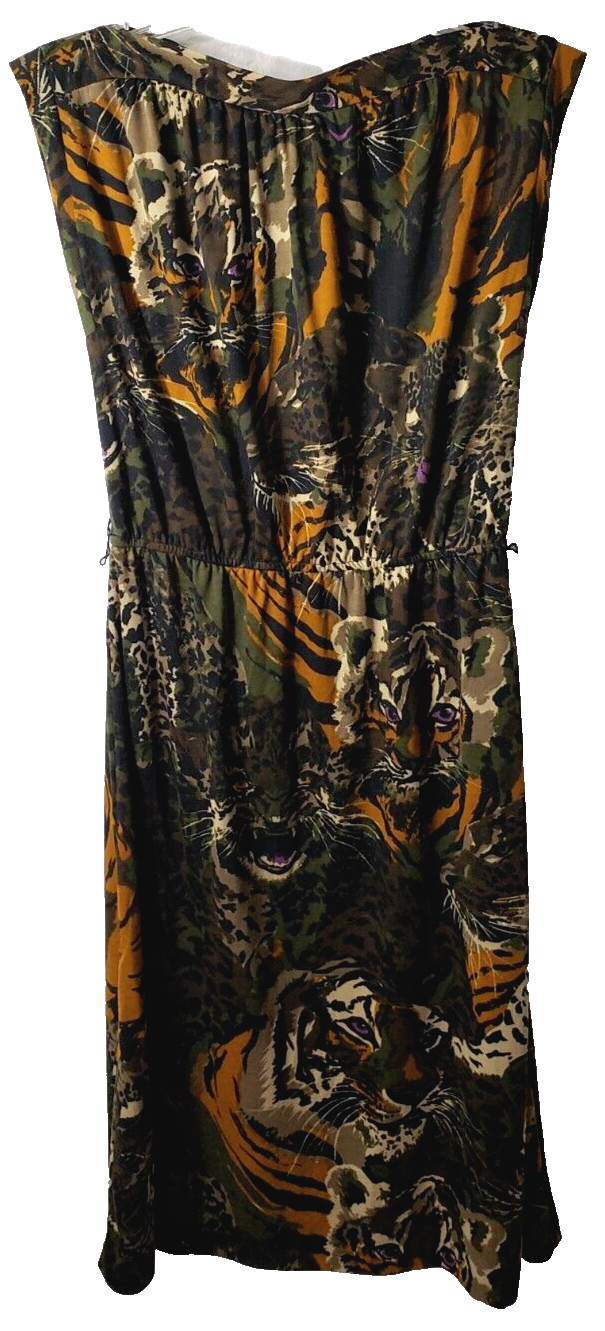 Vintage 70s Pinup Sheath Dress 7 Wiggle Tiger Jungle Camo Rockabilly Union USA