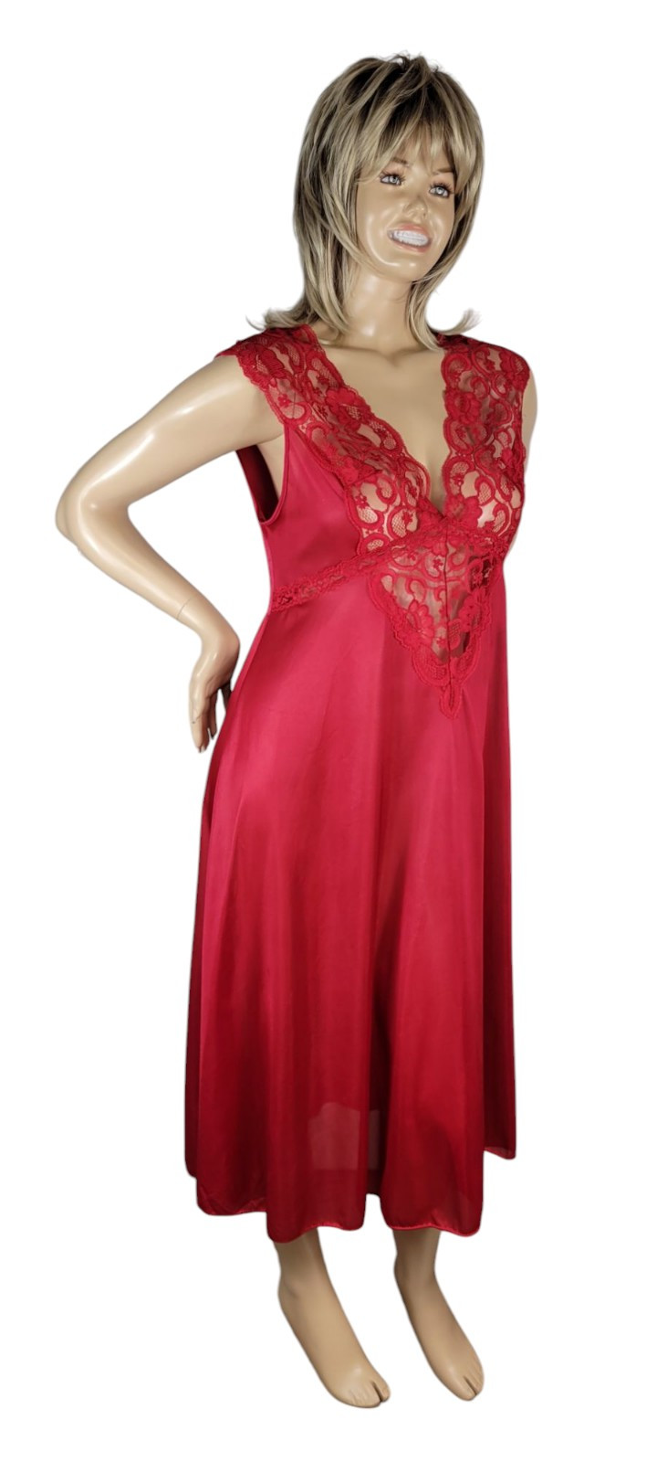 Vintage Soft Moments New York Red Nylon Satin & Semi Sheer Lace Slip Nightgown L
