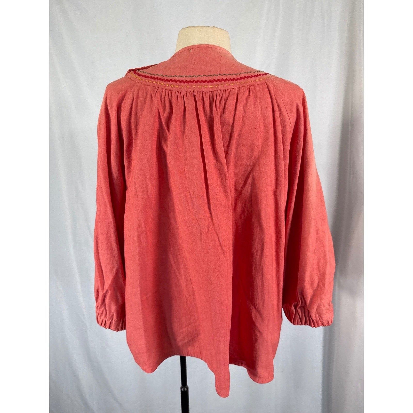 Vintage 70s Handmade Coral Peasant Blouse Strawberry Ribbon Trim Rickrack Boho