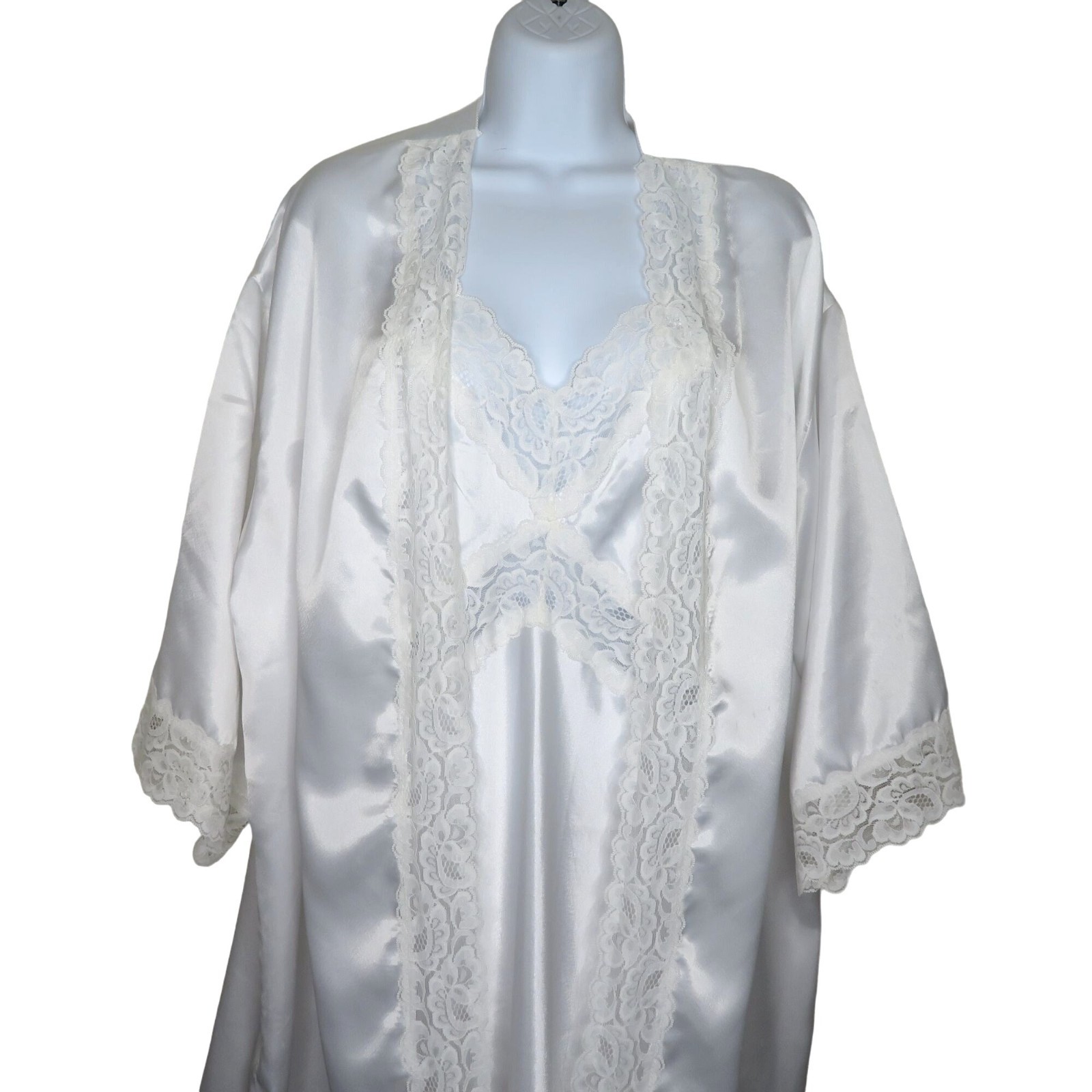 Vintage White Lace Satin Slip Nightgown Robe Peignoir Set Wedding Honeymoon