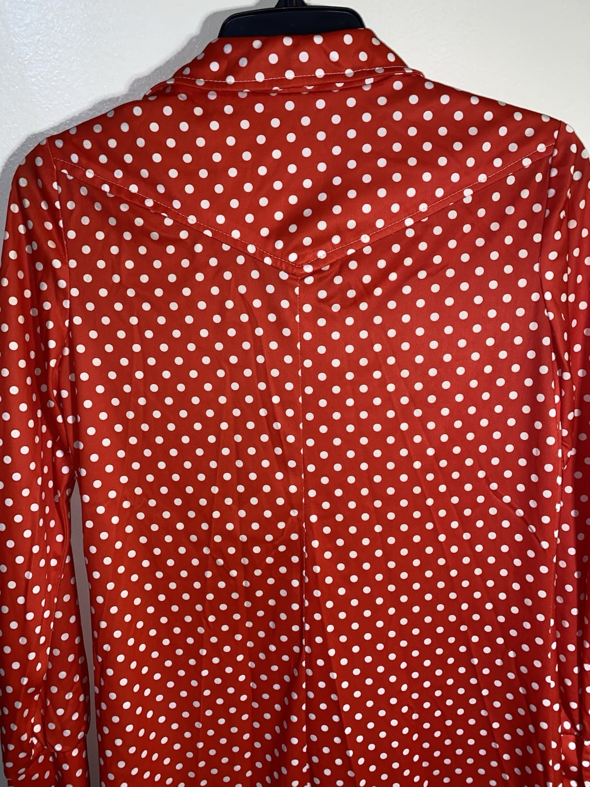 Vintage Sue Brett Red & White Polka Dot Dress M Pointed Collar Long Sleeve Retro