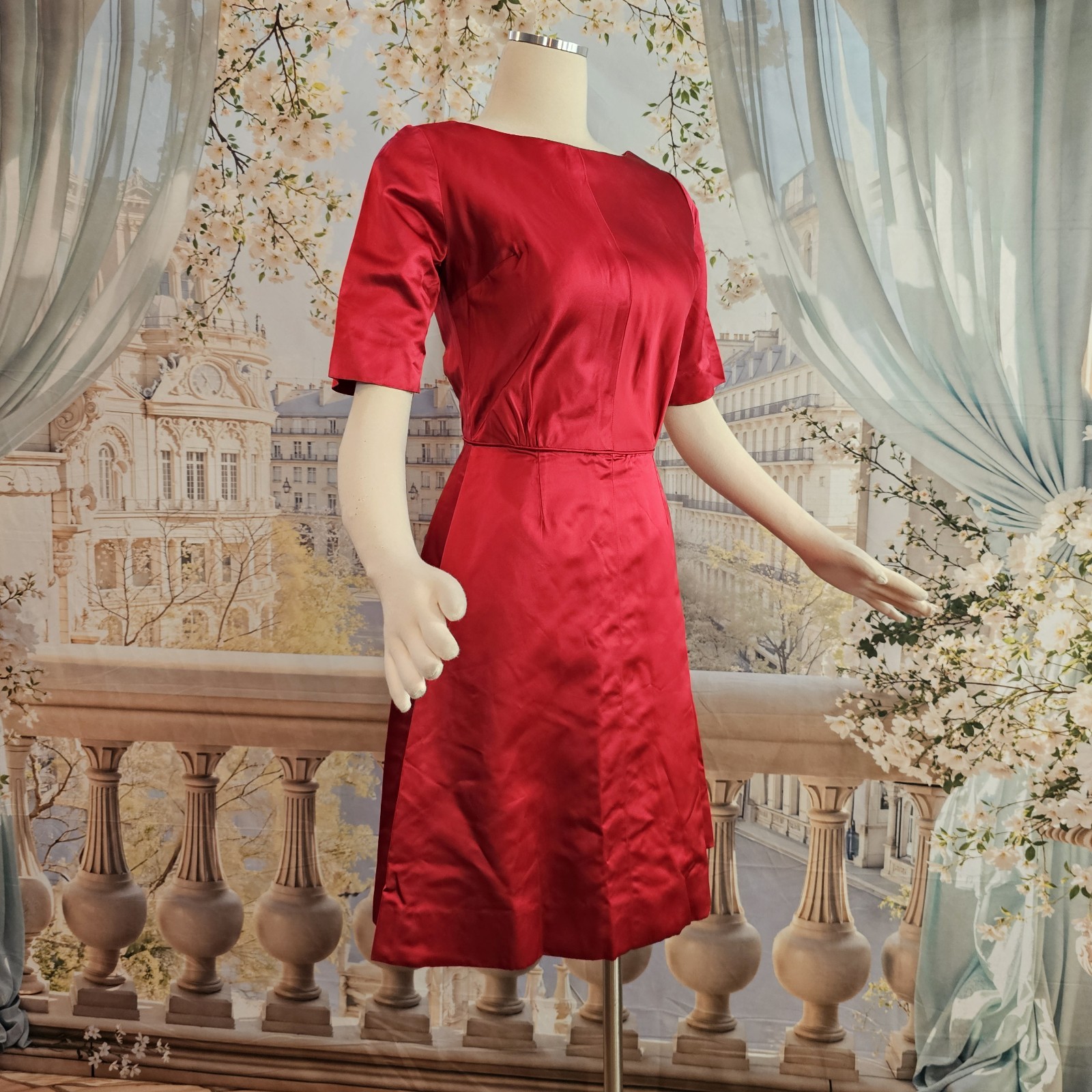 Vintage 1950s Dress Cherry Red Liquid Satin Half Sleeve Pinup Rockabilly