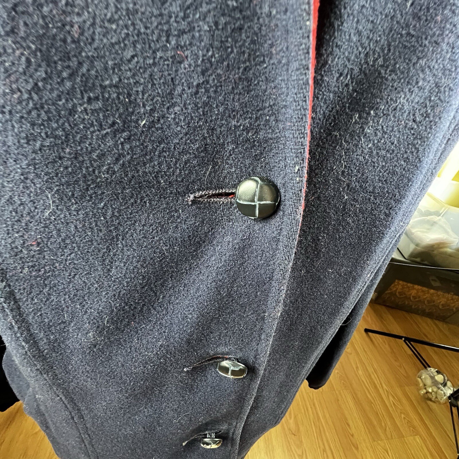 VTG Mackintosh 100% Wool Coat Women Lg Lined Hooded Vest and Coat Navy Red READ