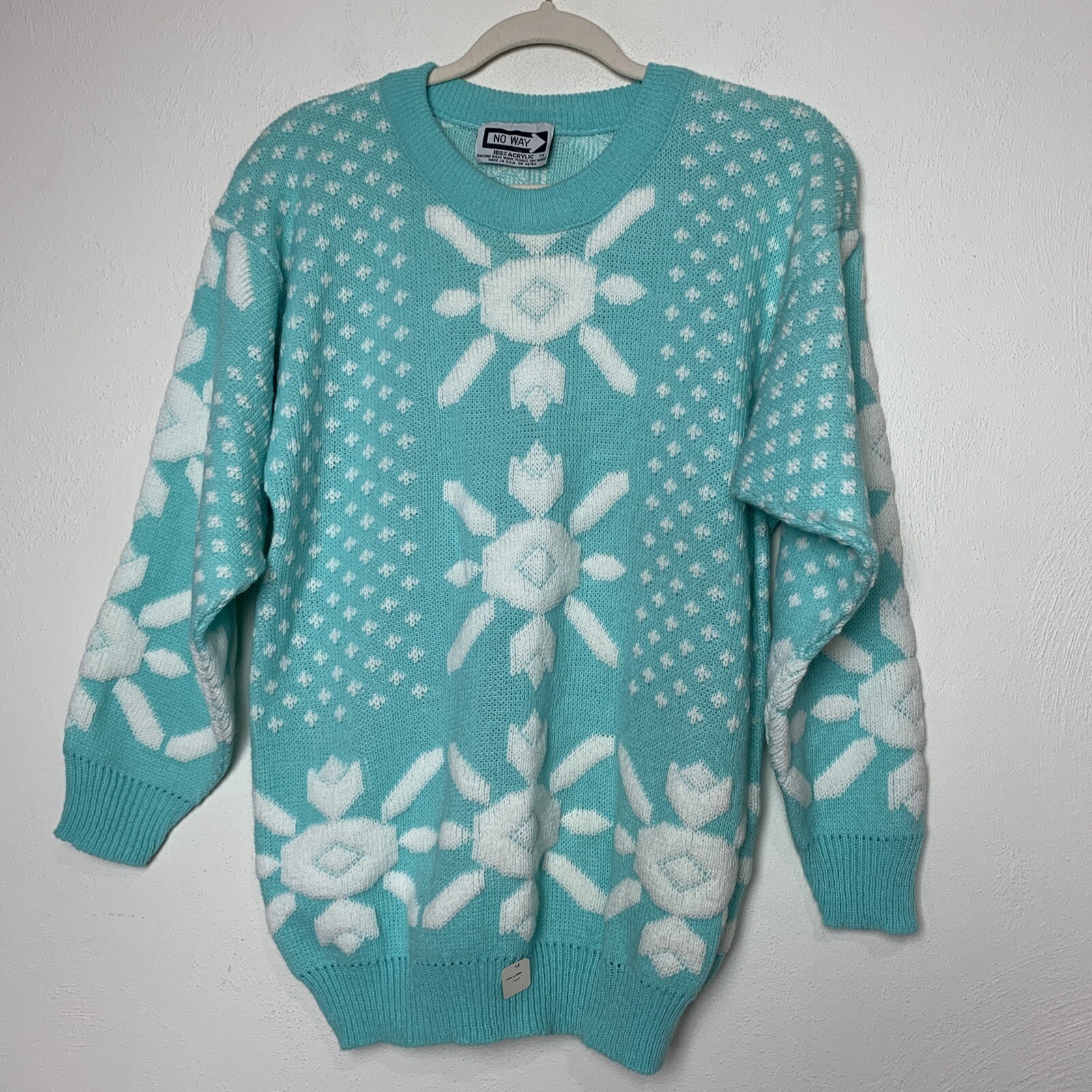NOS New Vtg 80’s FAIRY Kei Sweater KNIT Pastel Mint White Winter SNOWFLAKE Shirt