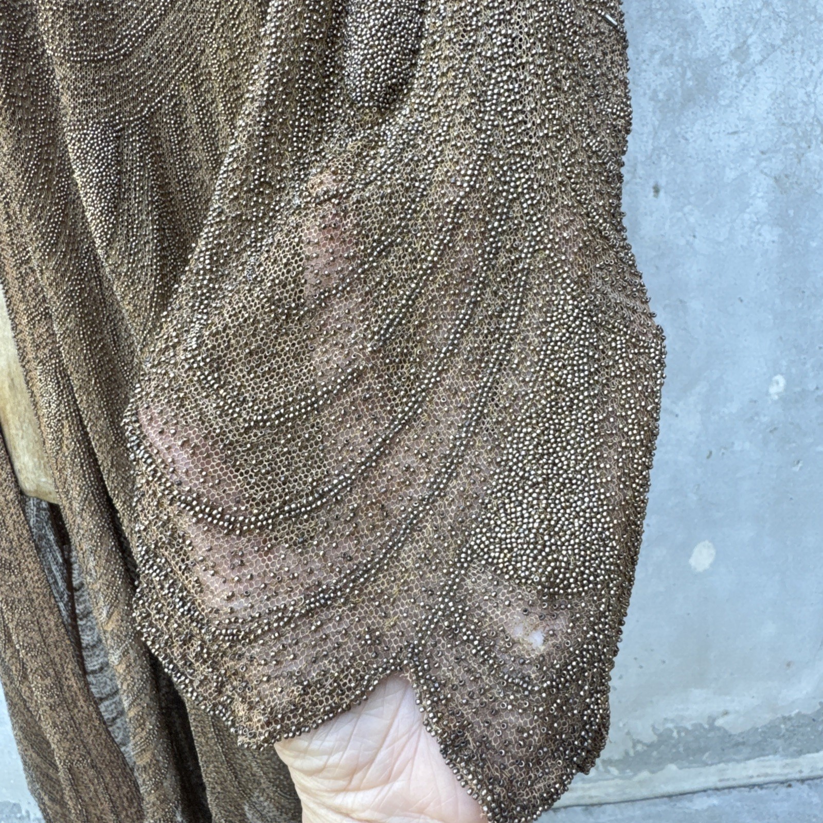 Antique 1920s Completely Beaded Gold Coat Scalloped Hem Art Deco Net Vintage