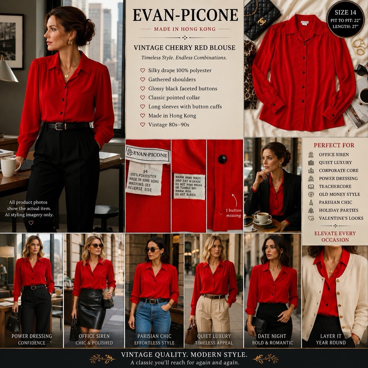 VTG Evan Picone Hong Kong Satin Cherry Red Blouse 14 Office Siren Quiet Luxury