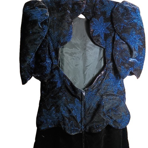 Vtg Scott McClintock Black Velvet Maxi Dress Blue Glitter Open Back Puffy Size 4