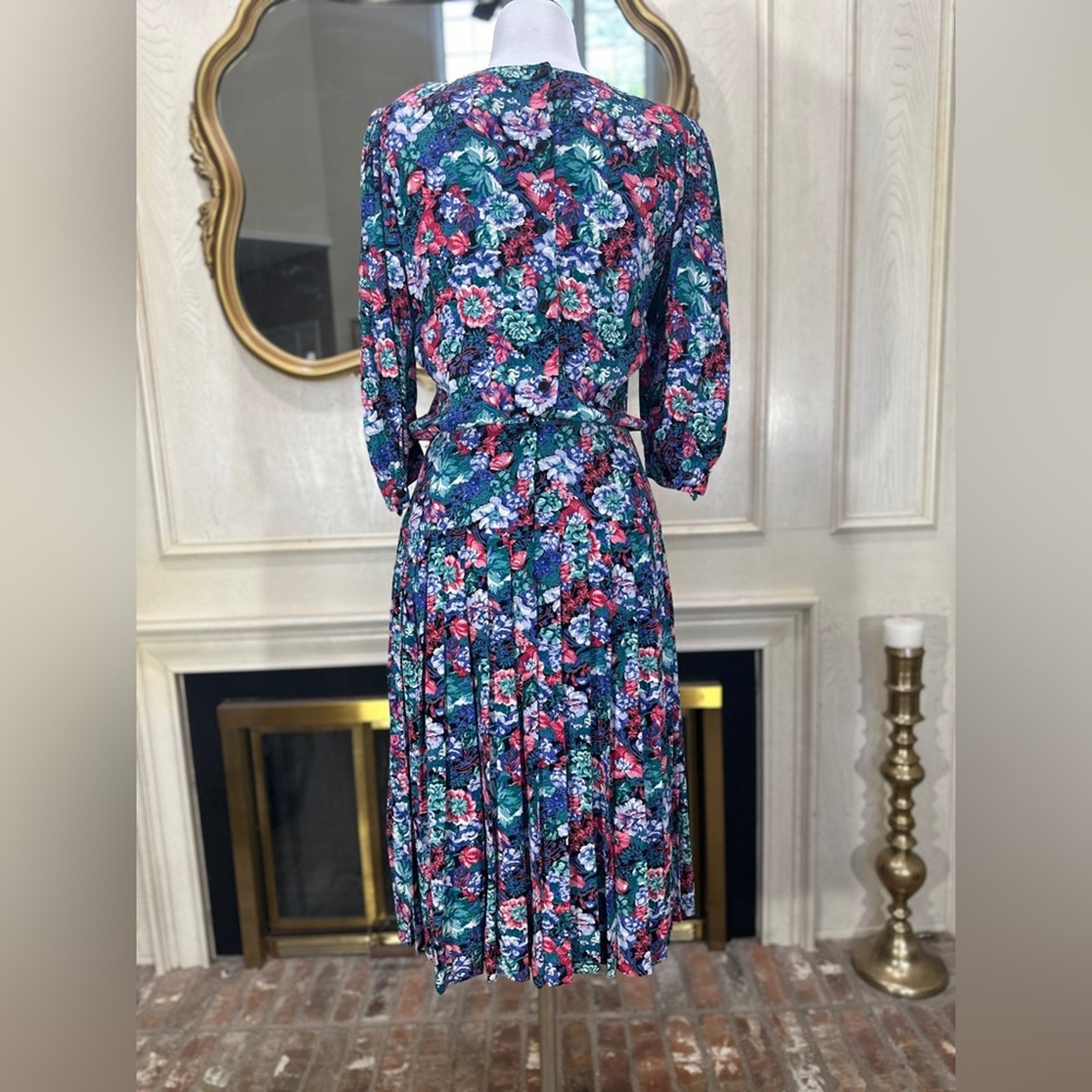 Vintage Karin Stevens Petites Floral Pleated Midi Dress Size 8 | Made in USA