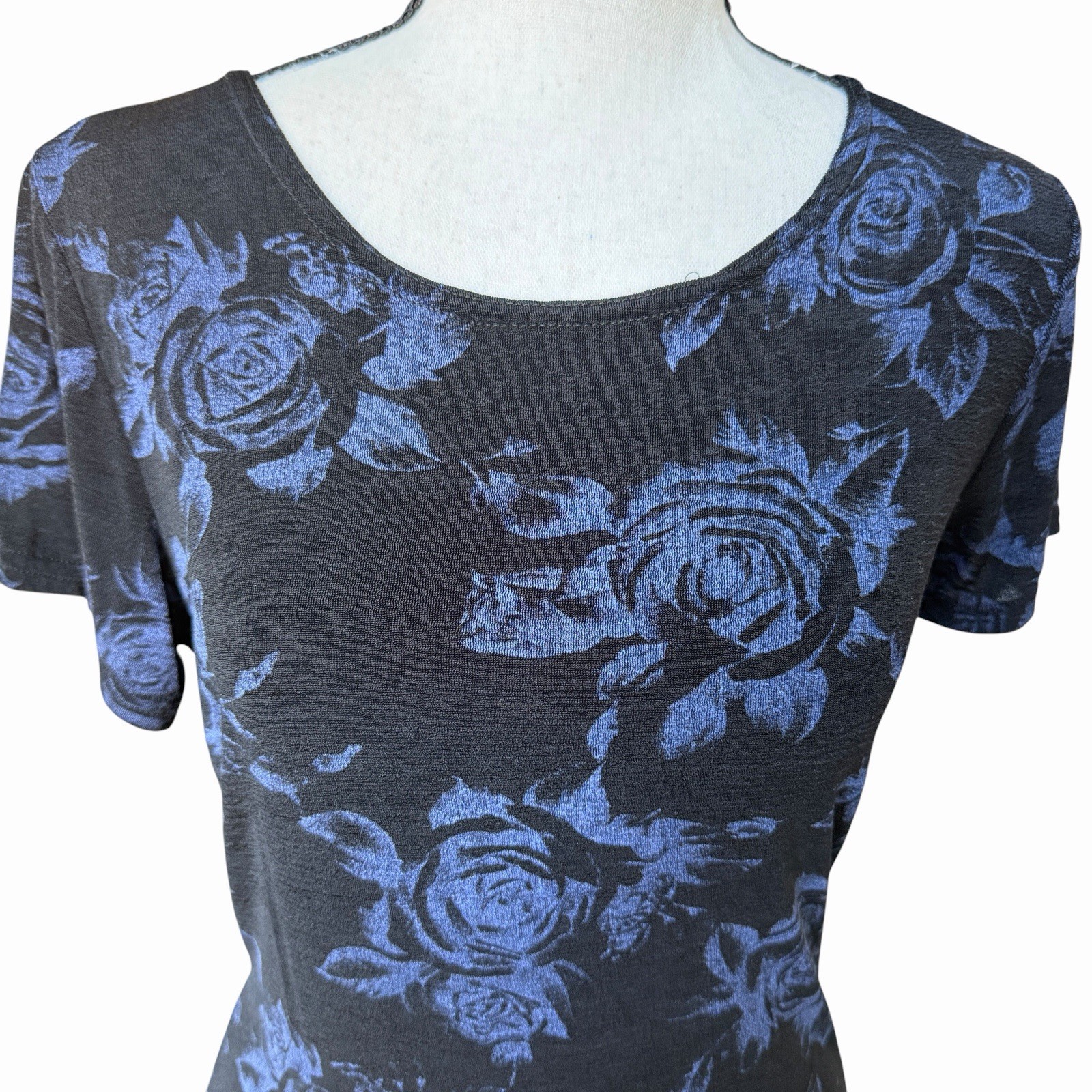 VTG 90s Joule Black Blue Rose Floral Stretch Mini Dress Whimsigoth Fairy Grunge