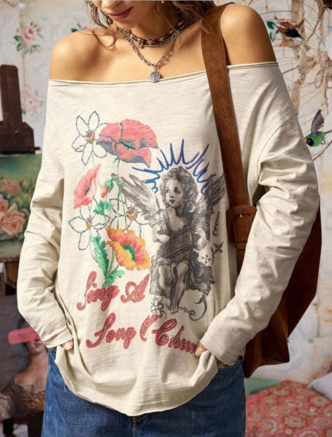 Magnolia Style Light Beige Vintage Distressed hippie boho Tunic shirt top S