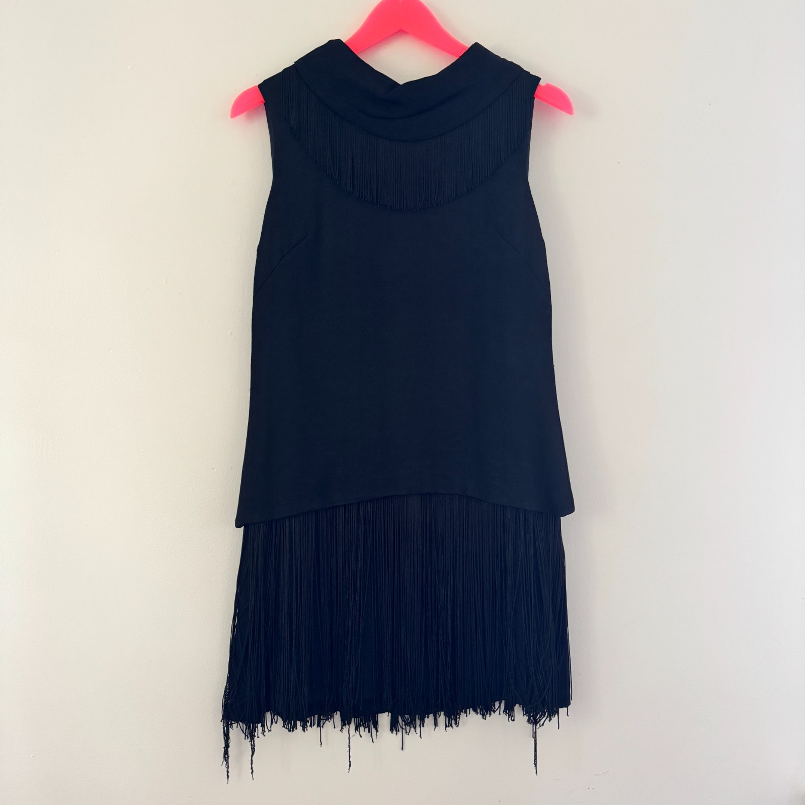 vtg 60s MISS THEME NY Black Go-Go Dancer FRINGE Mini Shift Dress Costume Mod LBD