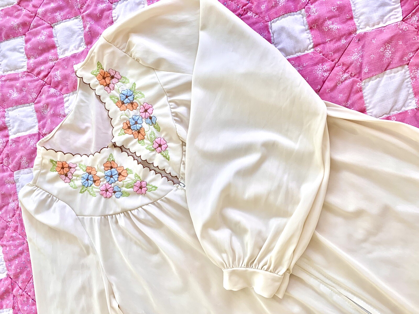 Vintage 70s cream pastel floral balloon sleeve mini nightgown M/L