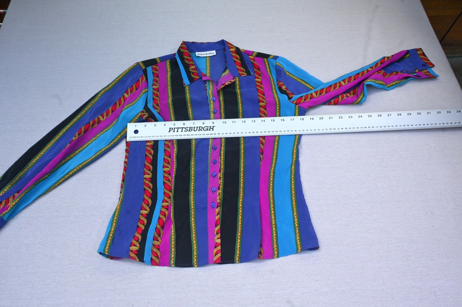 Helene St. Marie Vintage 90s Womens S Baroque Scarf Print Blouse Rope Chain Bold