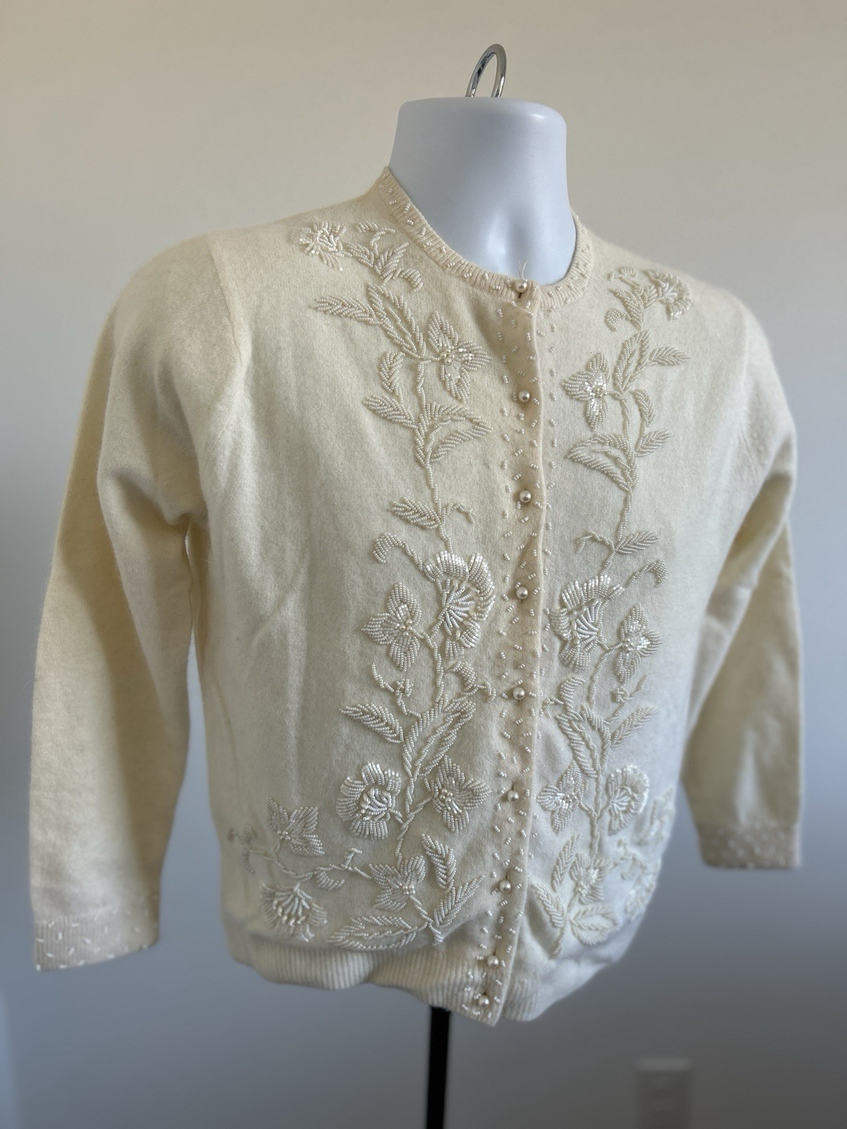 Vintage 1950’s Beaded Angora Cardigan Ivory Pearl Button Hand Embroidered