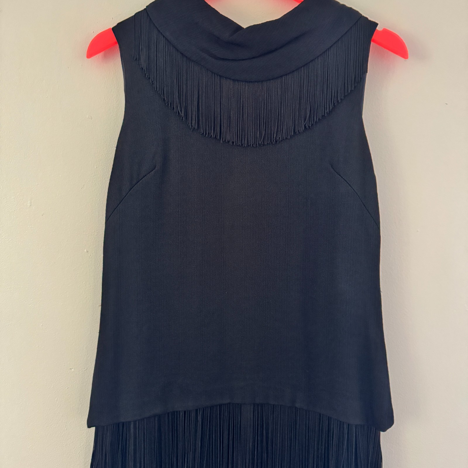 vtg 60s MISS THEME NY Black Go-Go Dancer FRINGE Mini Shift Dress Costume Mod LBD
