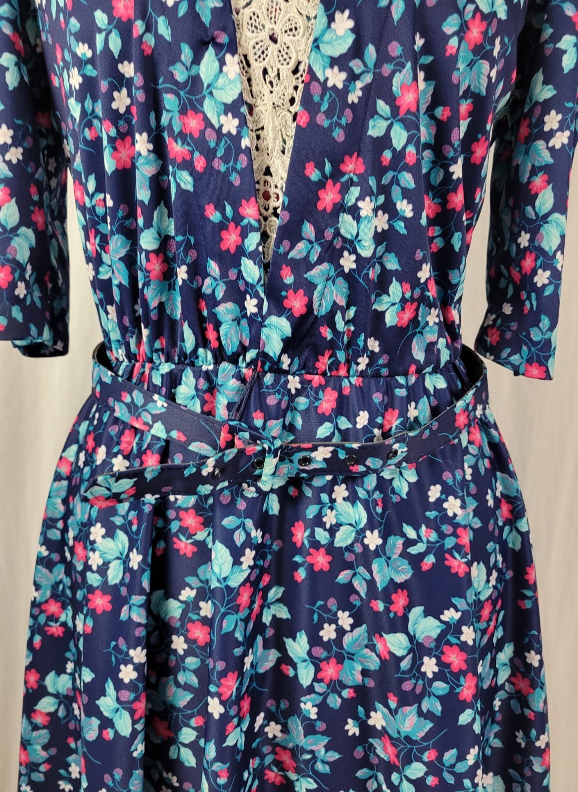 Vintage Whirlaway Blue Floral Dress w White Lace Inset & Matching Belt Size 12