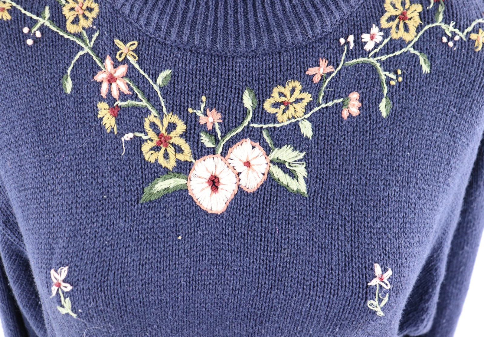 Vintage 1990s Blue Turtleneck Sweater with Hand Embroidered Flowers by Herman