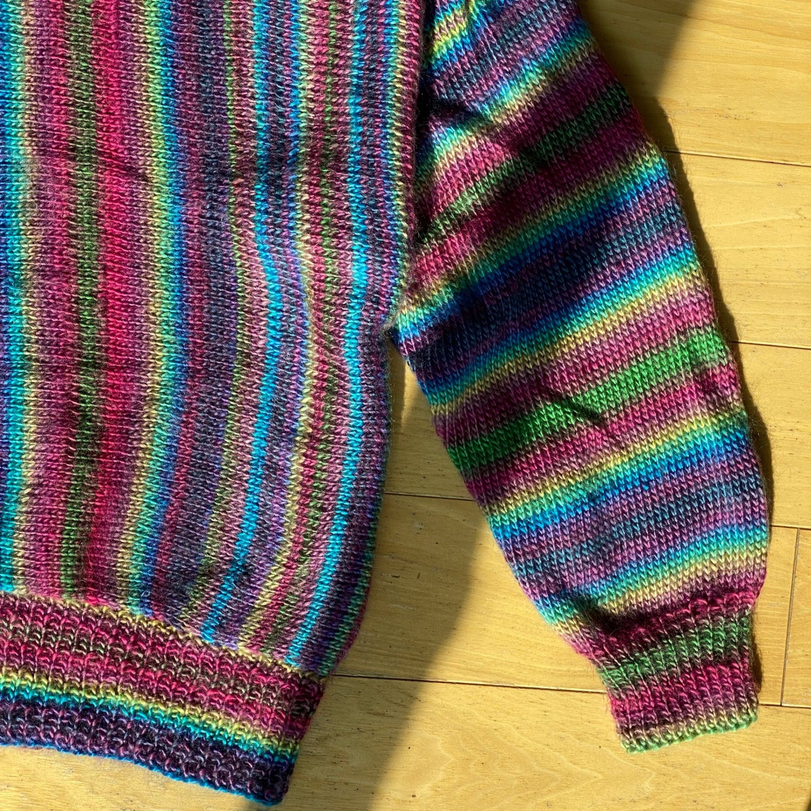 VTG Handknit Colorful Striped Balloon Sleeve Bubble Hem Sweater Twee Grandmacore