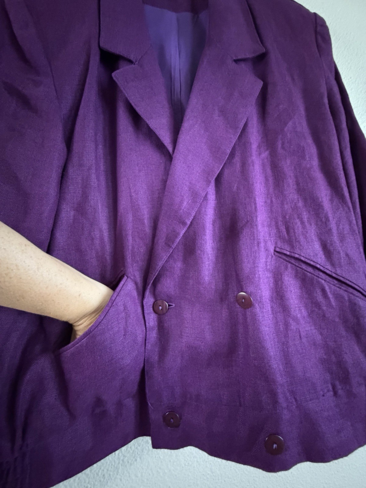 VTG 80s 90s BullocksWilshire Purple 100% Linen Pantsuit Set M 12 Power Suit Pads