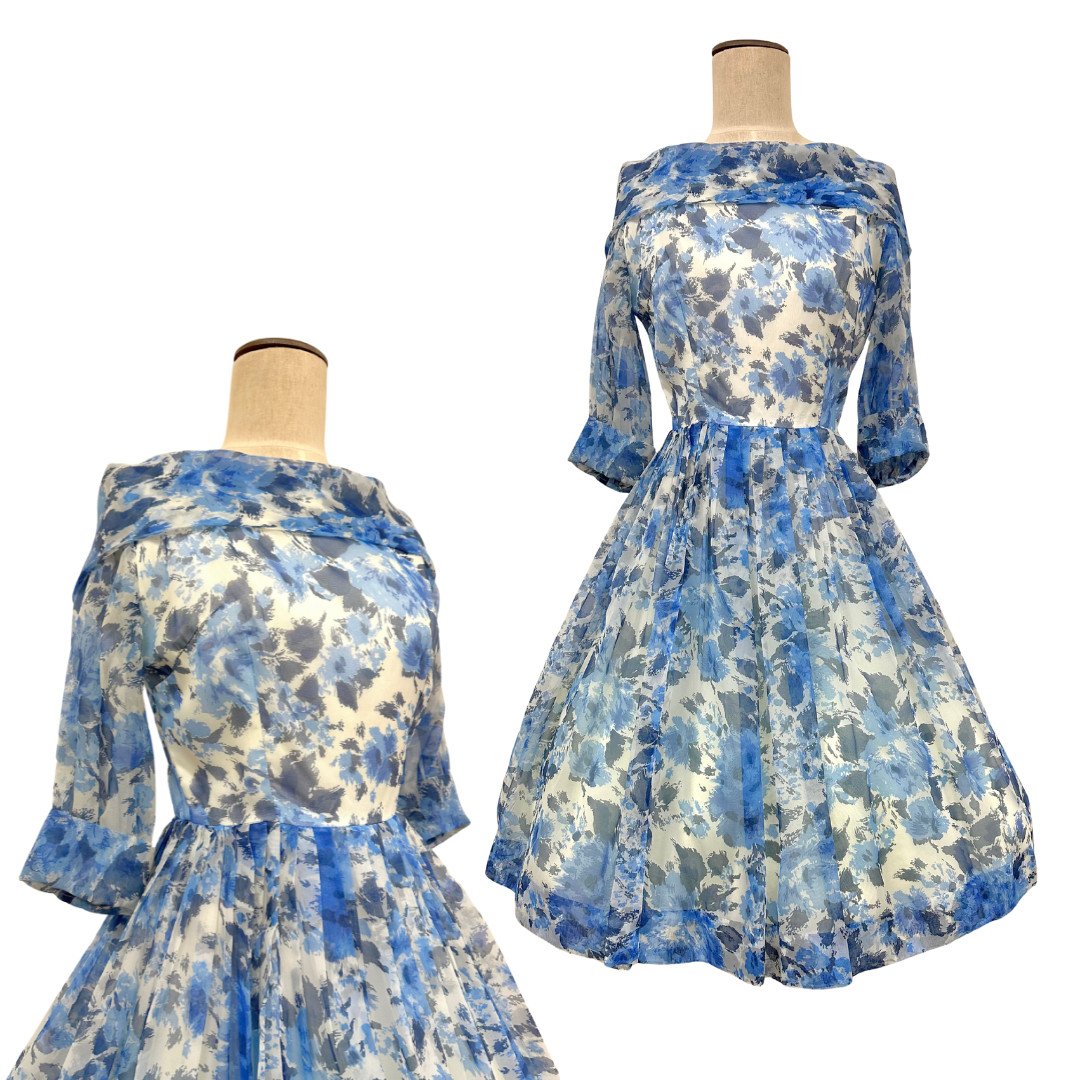 Vintage 1950s Blue Floral Chiffon Fit n Flare Tea Party Boat Neck Dress