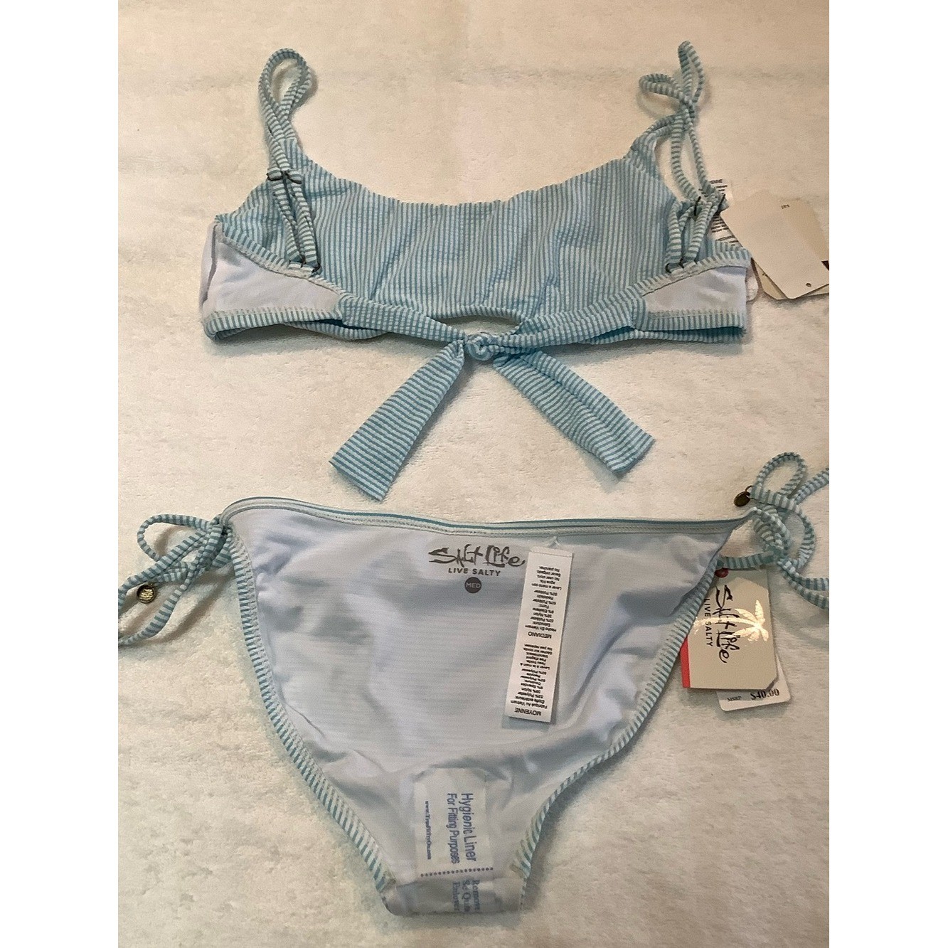 NWT sz MED Salt Life Blue Seersucker Stripe Bralette and Side Tie Bikini Set