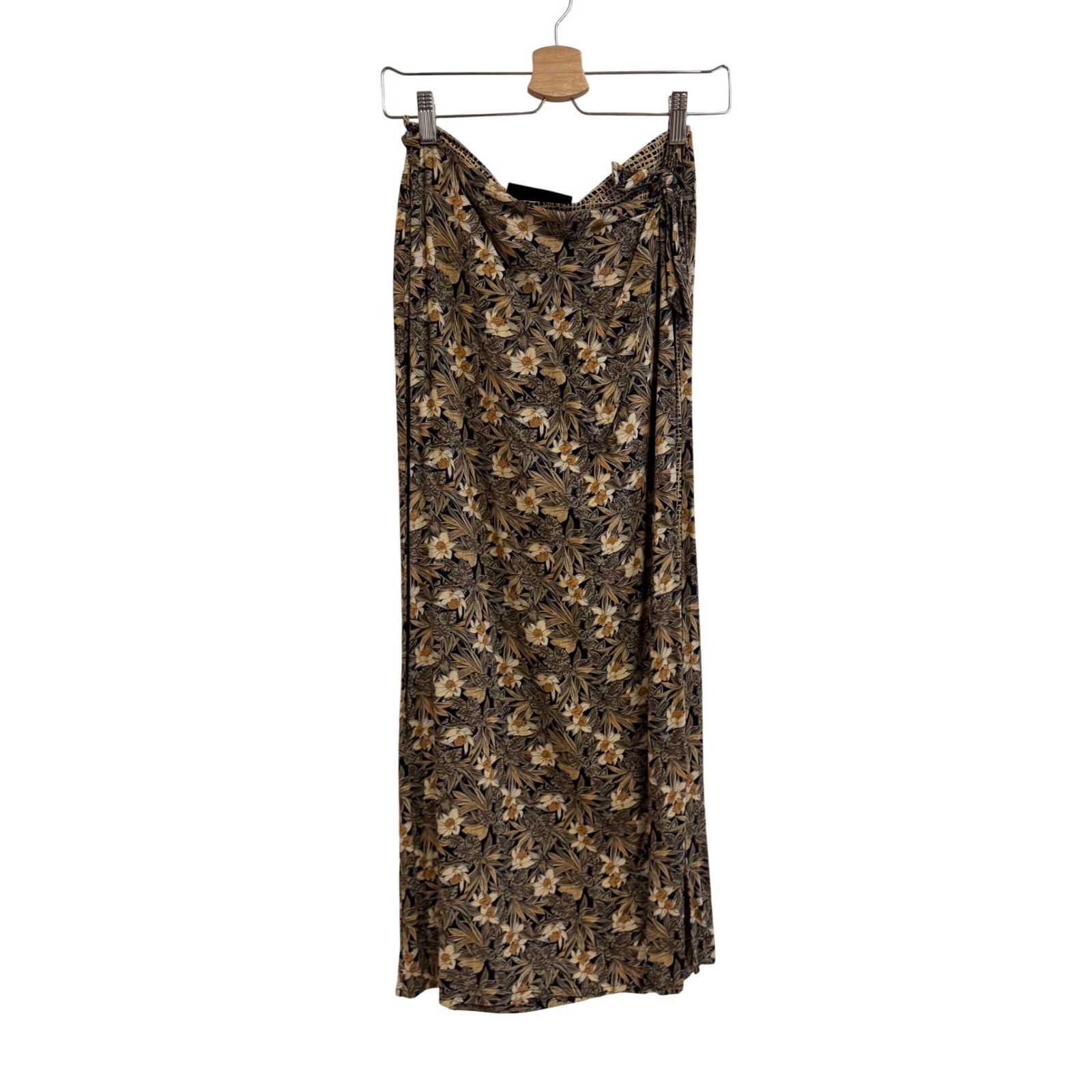 Vintage Express Tropical Floral Wrap Maxi Skirt Brown Tan Botanical 90s Boho