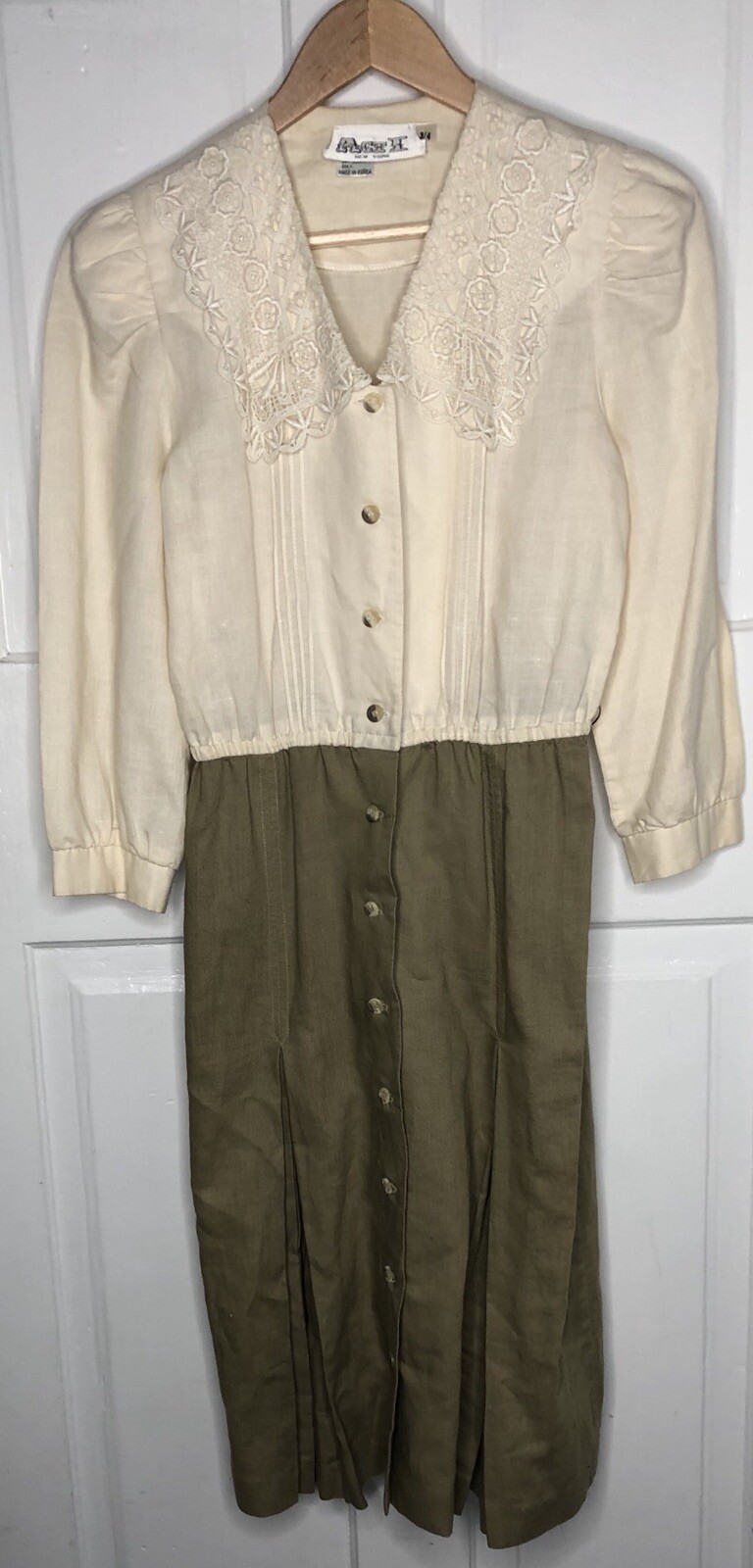 Vintage Act 1 Womens 3 4 Modest Dress Lace Collar Button Tone Pleated 1980s 90s
