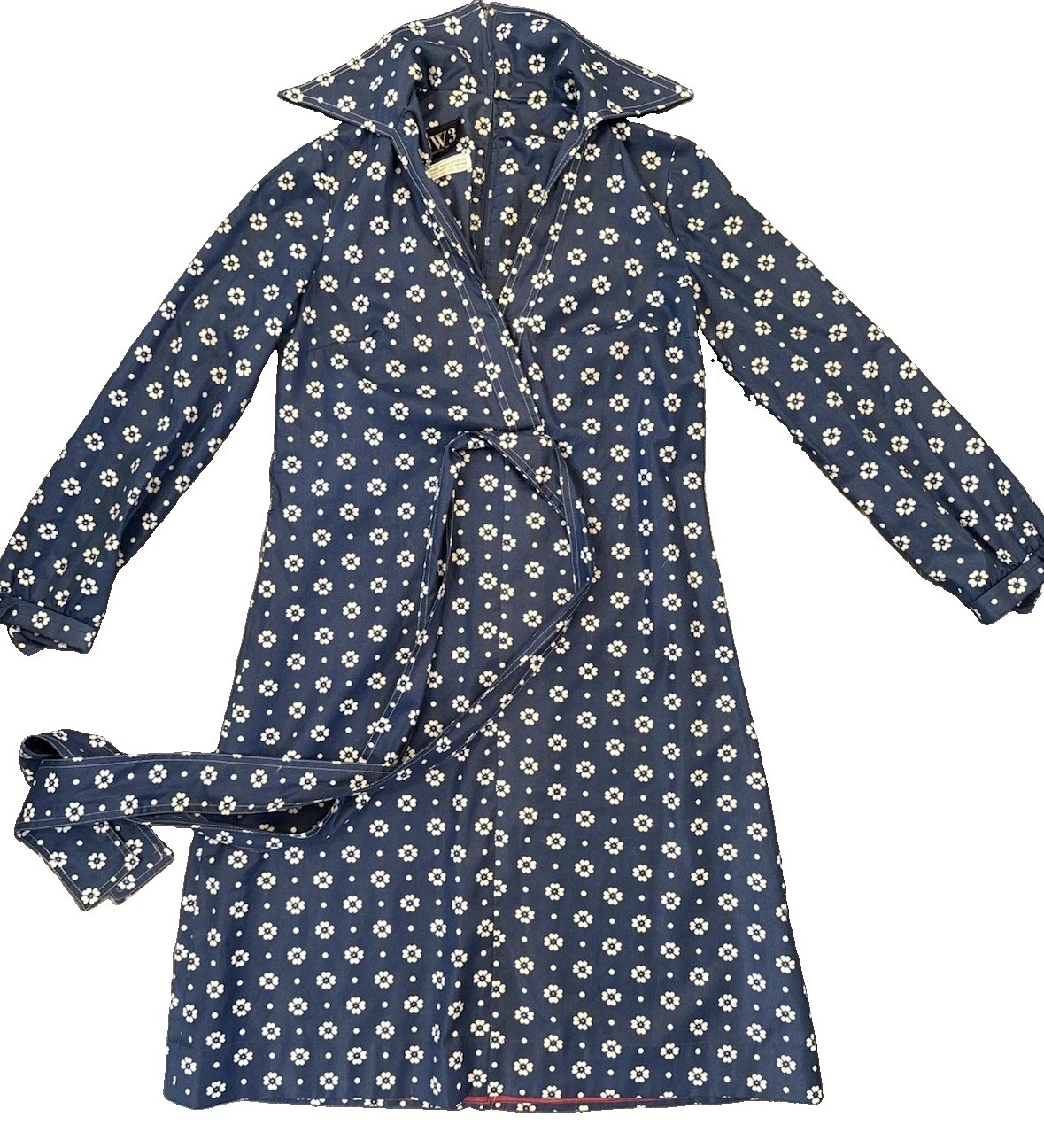 Vintage 1970s DW3 David Warren Collared Dress Navy & White Floral Belted Sz S/M