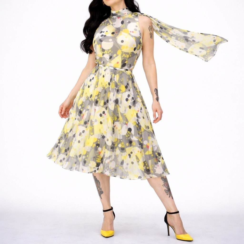 Y2k Silk Scarf Neck Top & Skirt Set Womens 4 S Blouson Sleeveless Yellow Gray