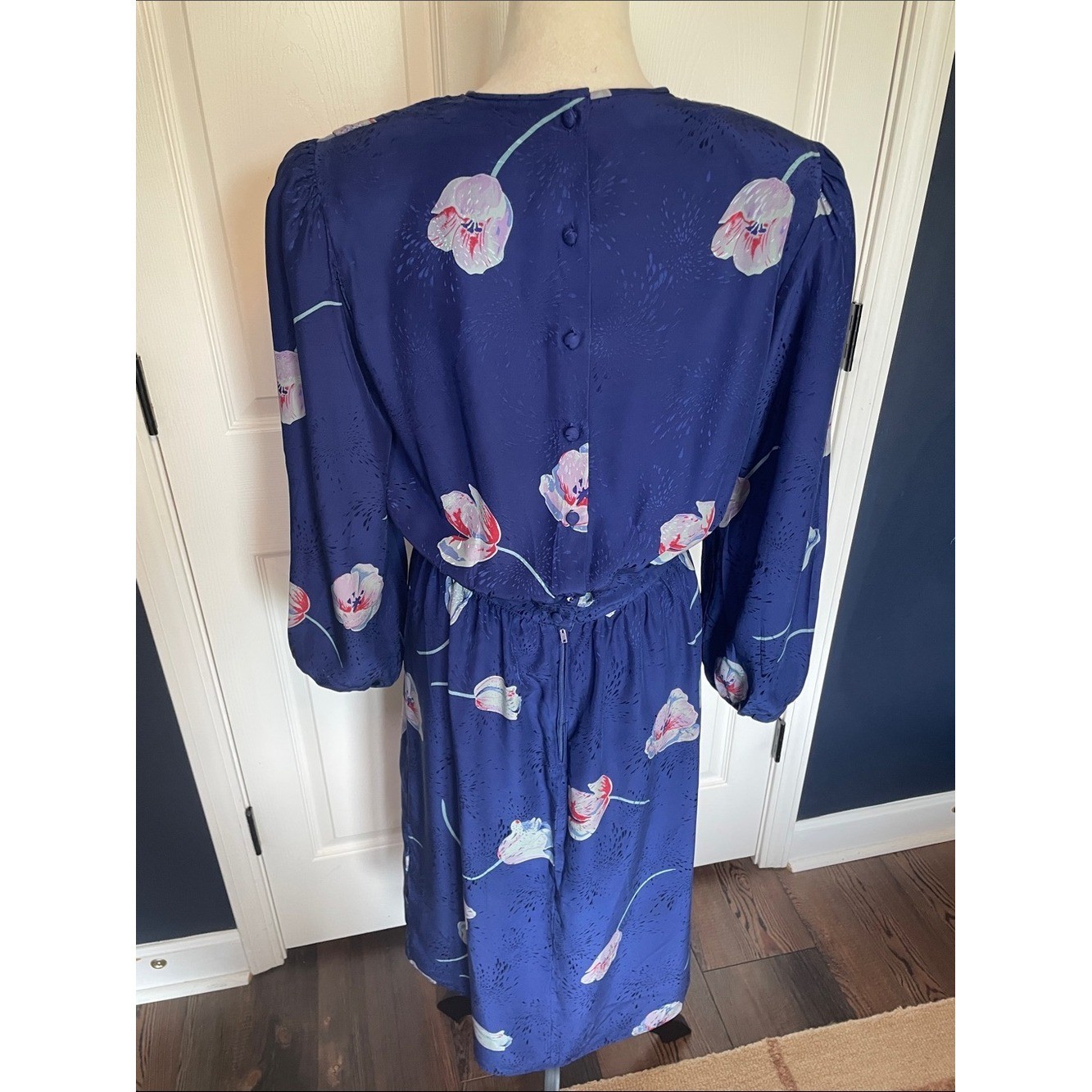 Vintage Silk Maggy London Royal Blue Floral Midi Dress Pastel Blooms Size 8