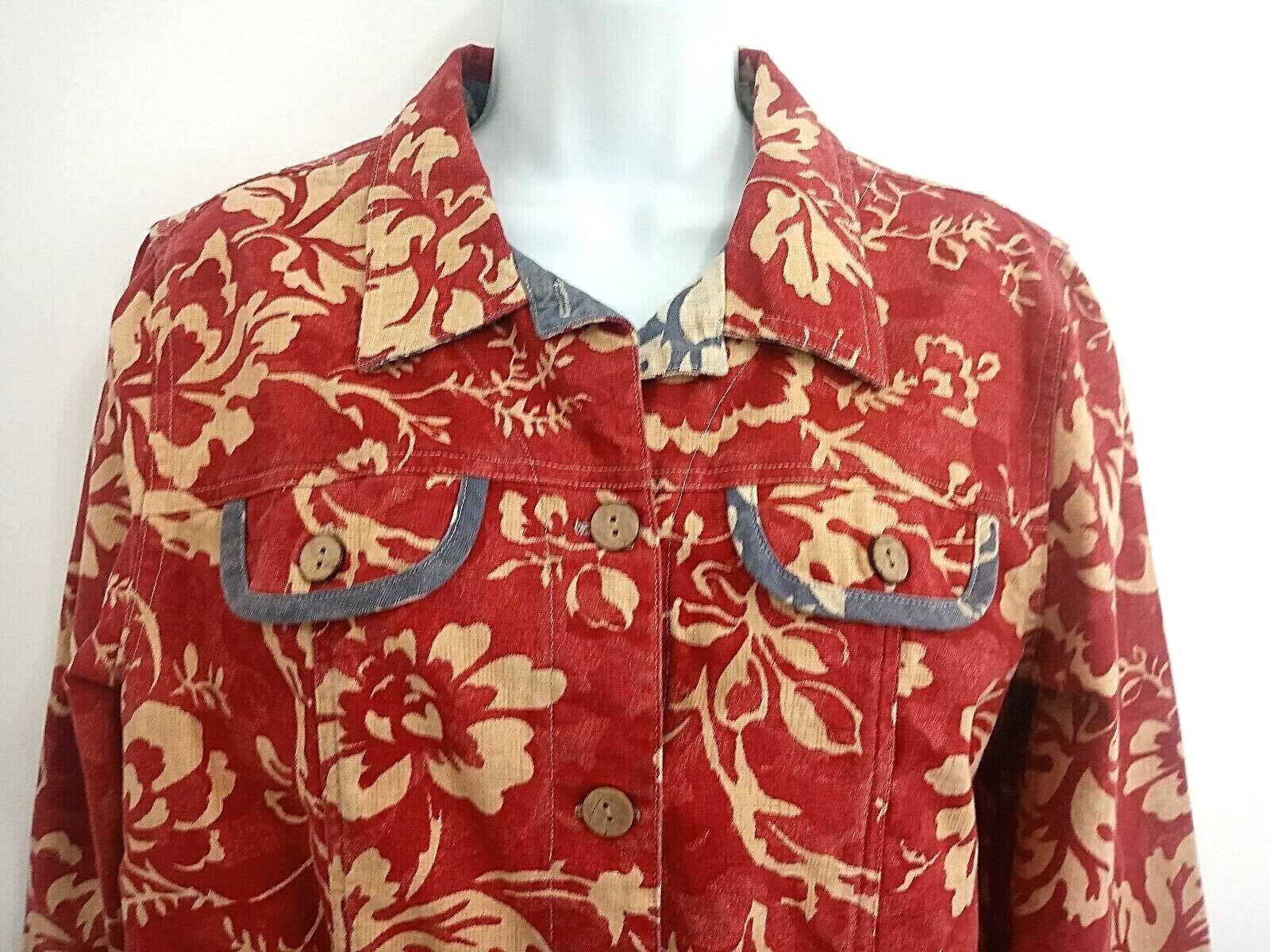 Cottage Vintage Coldwater Creek Jacket Womens M Medium Trucker Cotton Red Floral