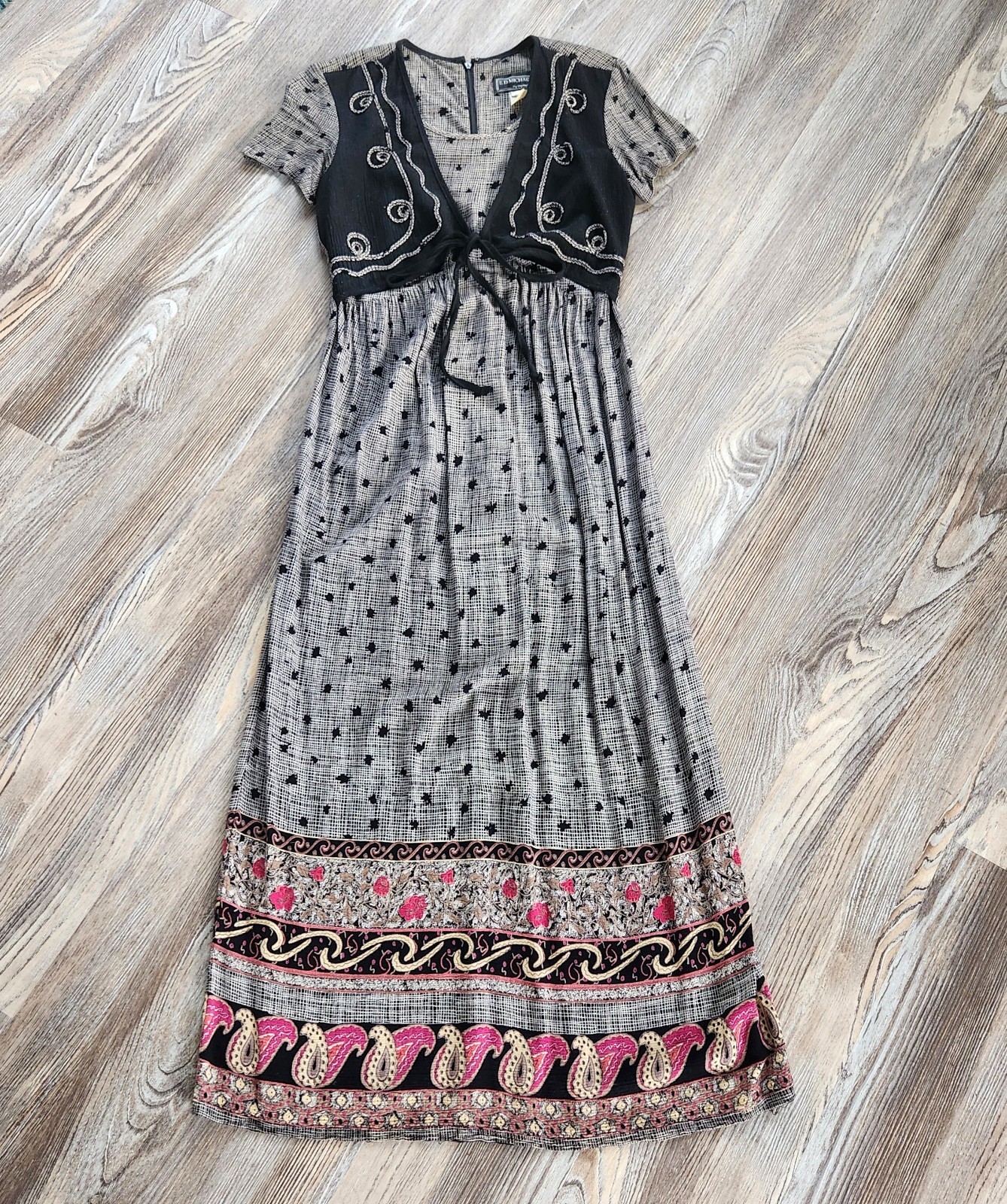 Vintage 70s Bodice Overlay Maxi Dress Women 6 Black Multi Color ED Michaels Boho