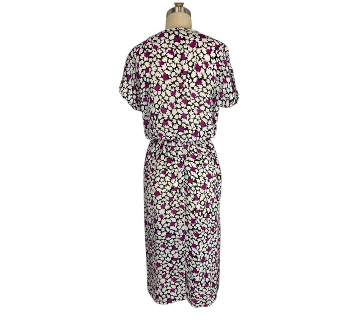 Vintage Darian Floral Dress Black White Purple Midi Short Sleeve Size LARGE