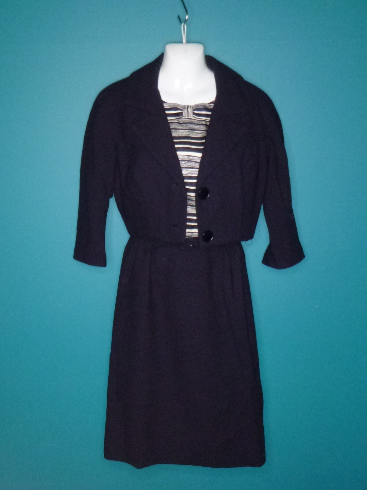 Vtg 50s 60s Abe Schrader Classic Dress & Short Jacket Navy Blue Off White Sz S