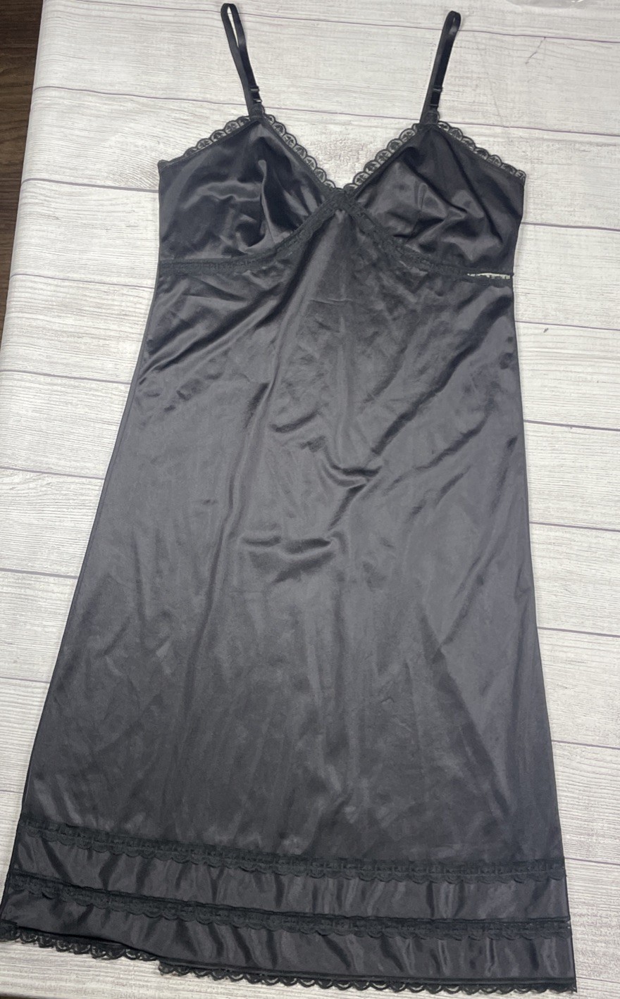 Vintage Nightgown Womens 34 Black Nylon Dupont Anton Lace ILGWU Made Silky