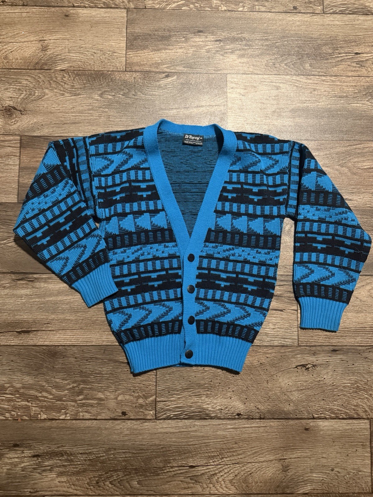 Vintage 1980s Di Vincent Acrylic Cardigan Sweater Blue Black XS S Made In USA