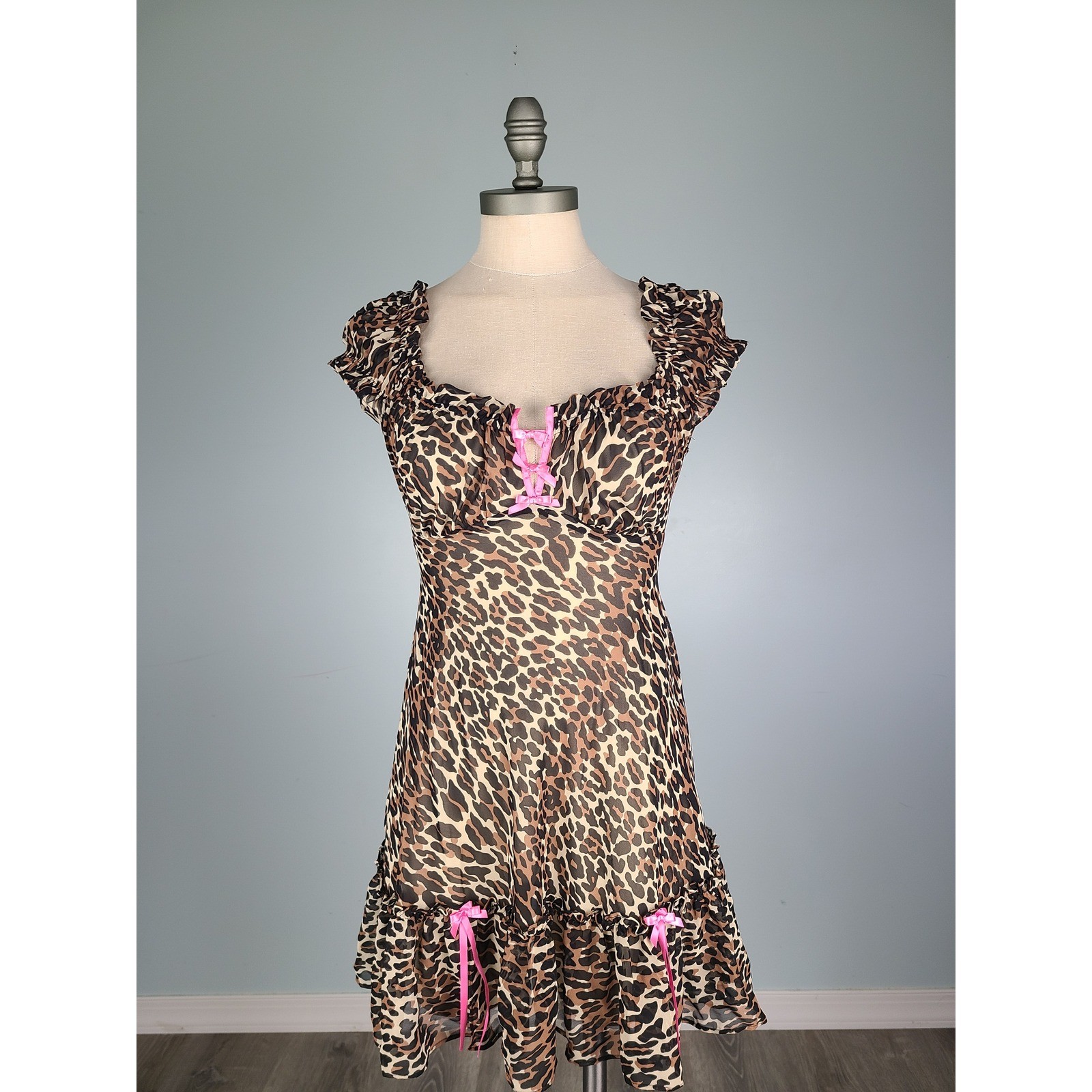 Y2K Betsey Johnson Sz S Mini Babydoll Dress Leopard Print Hot Pink Bows It Girl