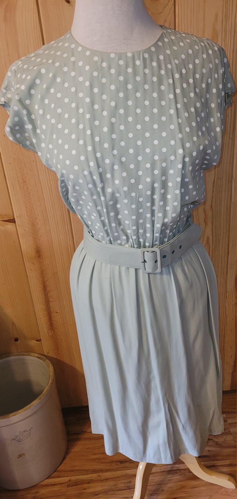 1980s STUART ALAN Sage Green Career Wear Polka Dot Belted Dress + Striped Jacket