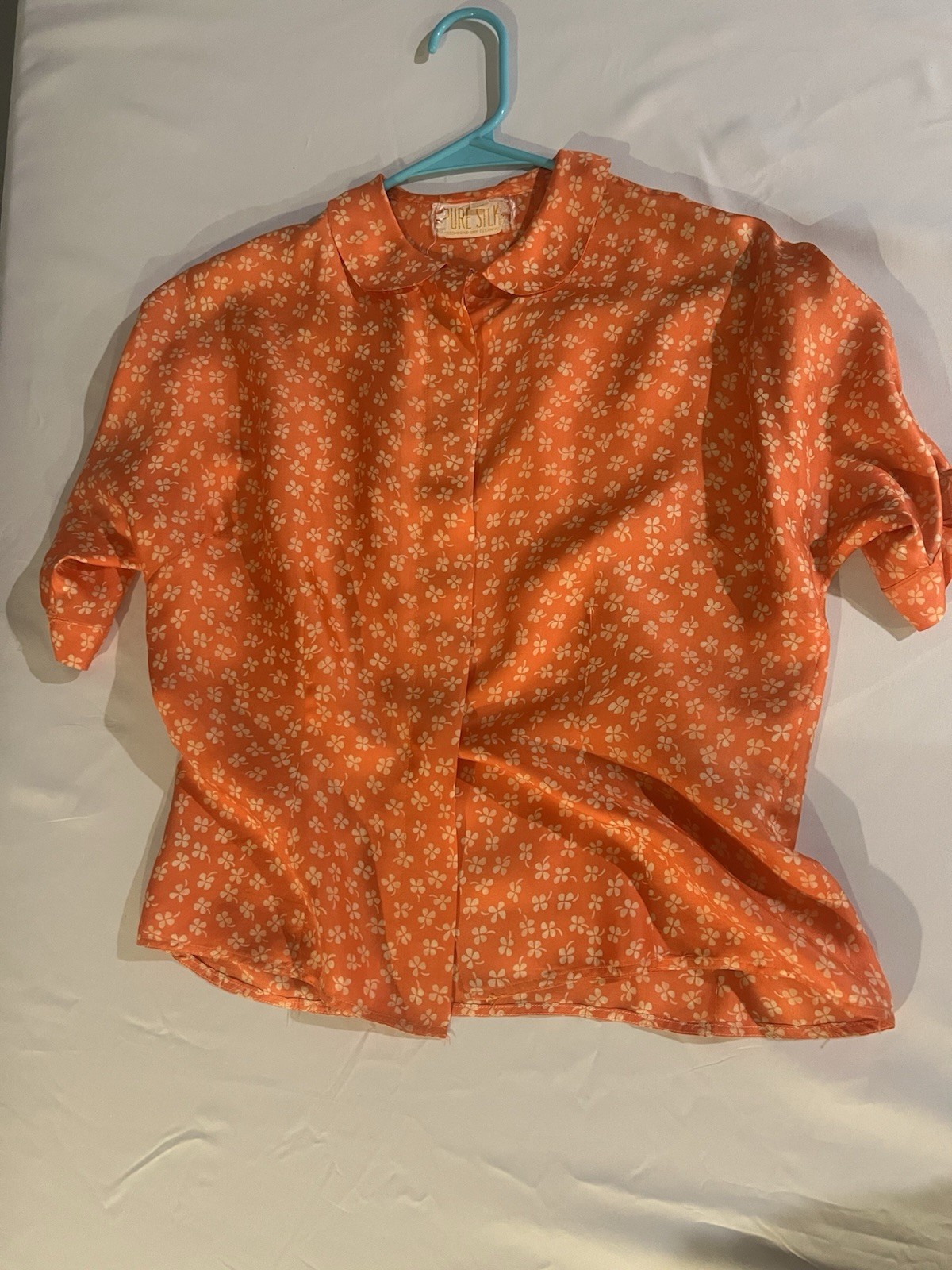 True Vintage 1950s Pure Silk Shamrock Orange Women’s Fitted Top Sz S/M Pinup.