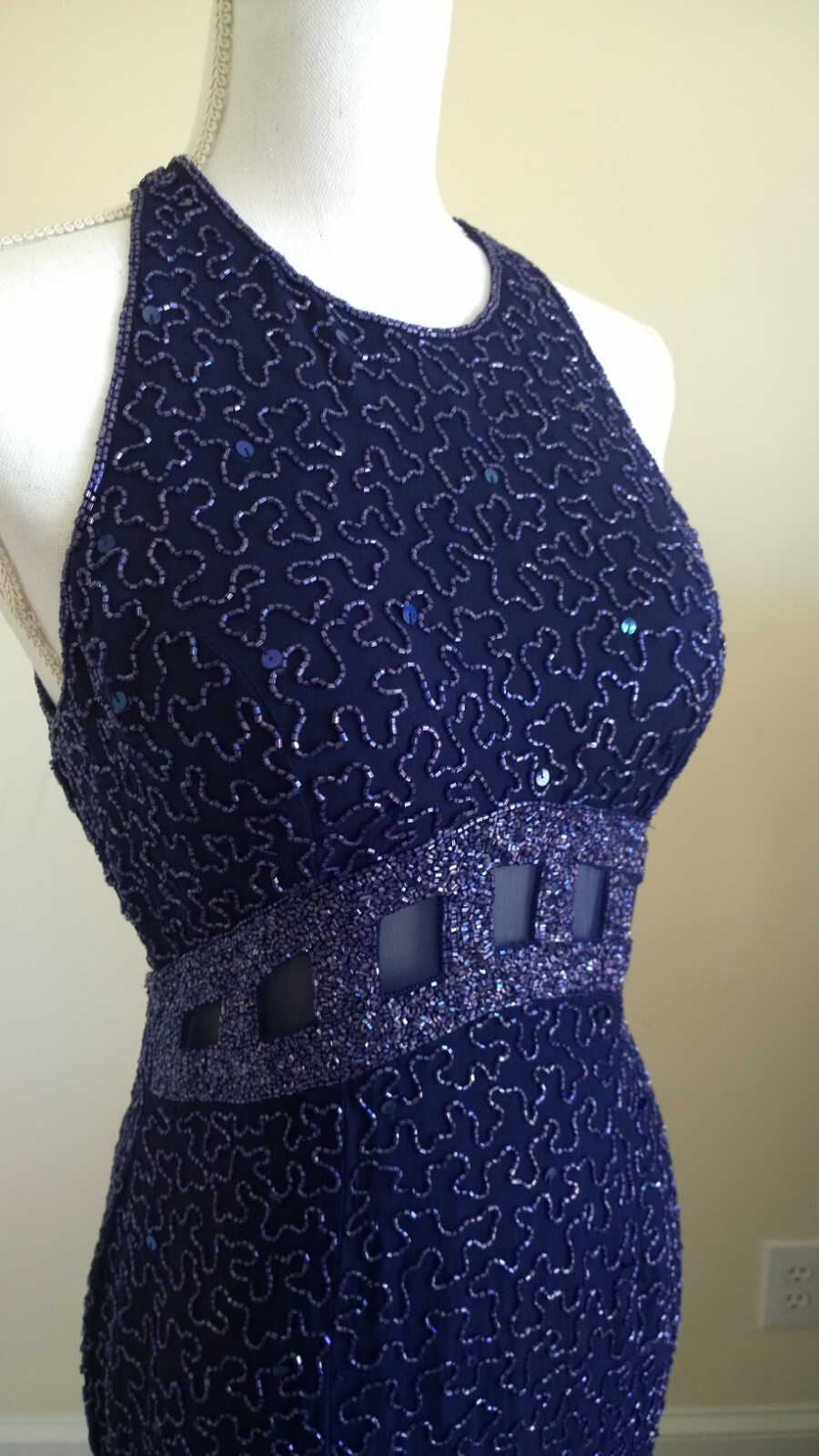 Vtg New Andretta Donatello Silk Beaded Formal Evening Gown Sexy Dark Blue Sz M
