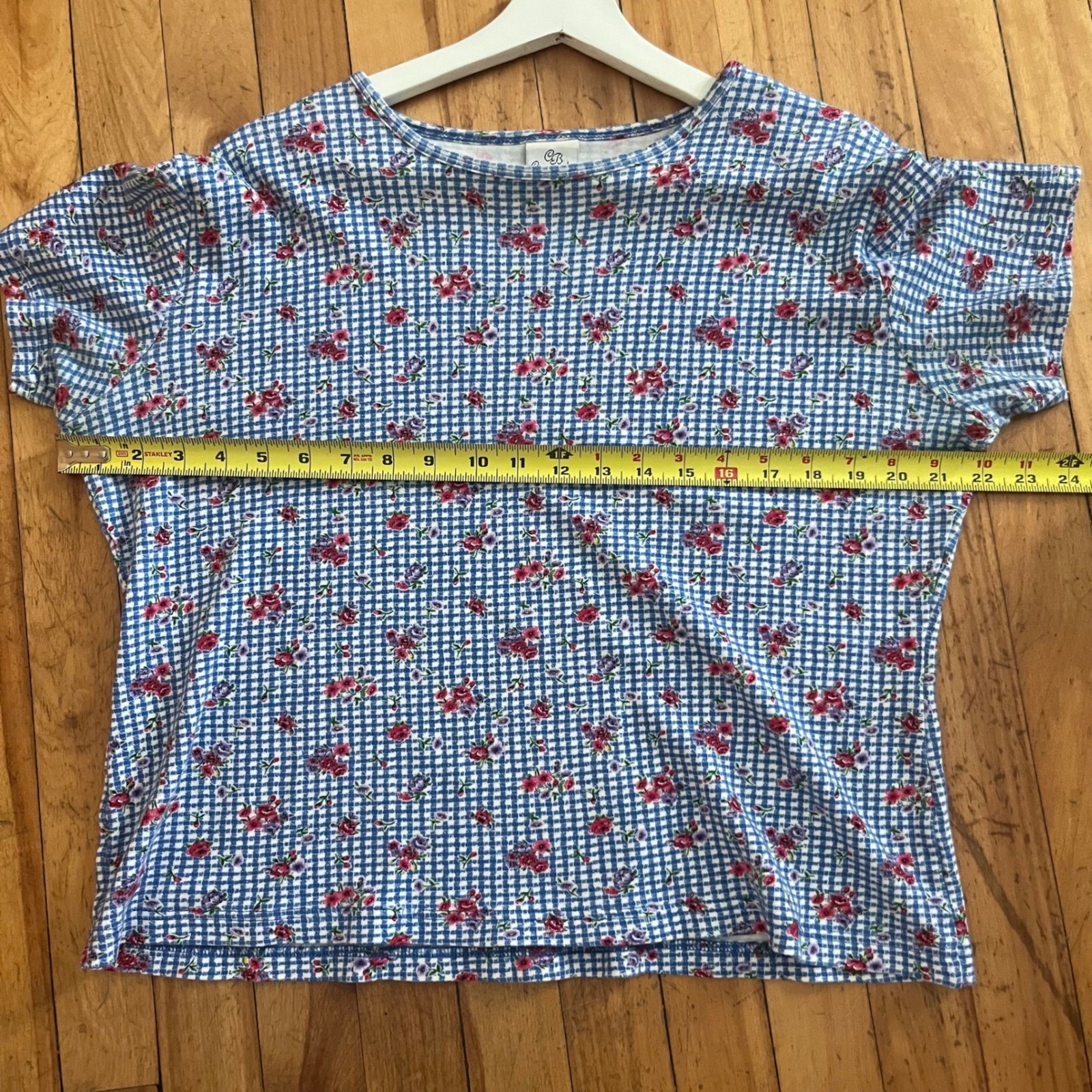 Vintage Cascade Blues Blue White Pink Floral Gingham 100% Cotton Shirt L
