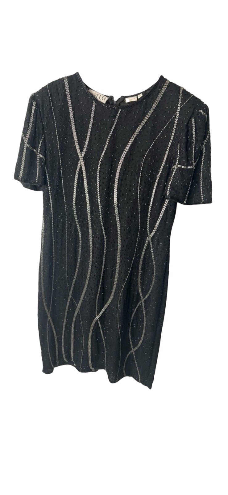 Vintage Sweelo Beaded Black Silver Dress L 12/14 Short Sleeve Lined Midi Elegant