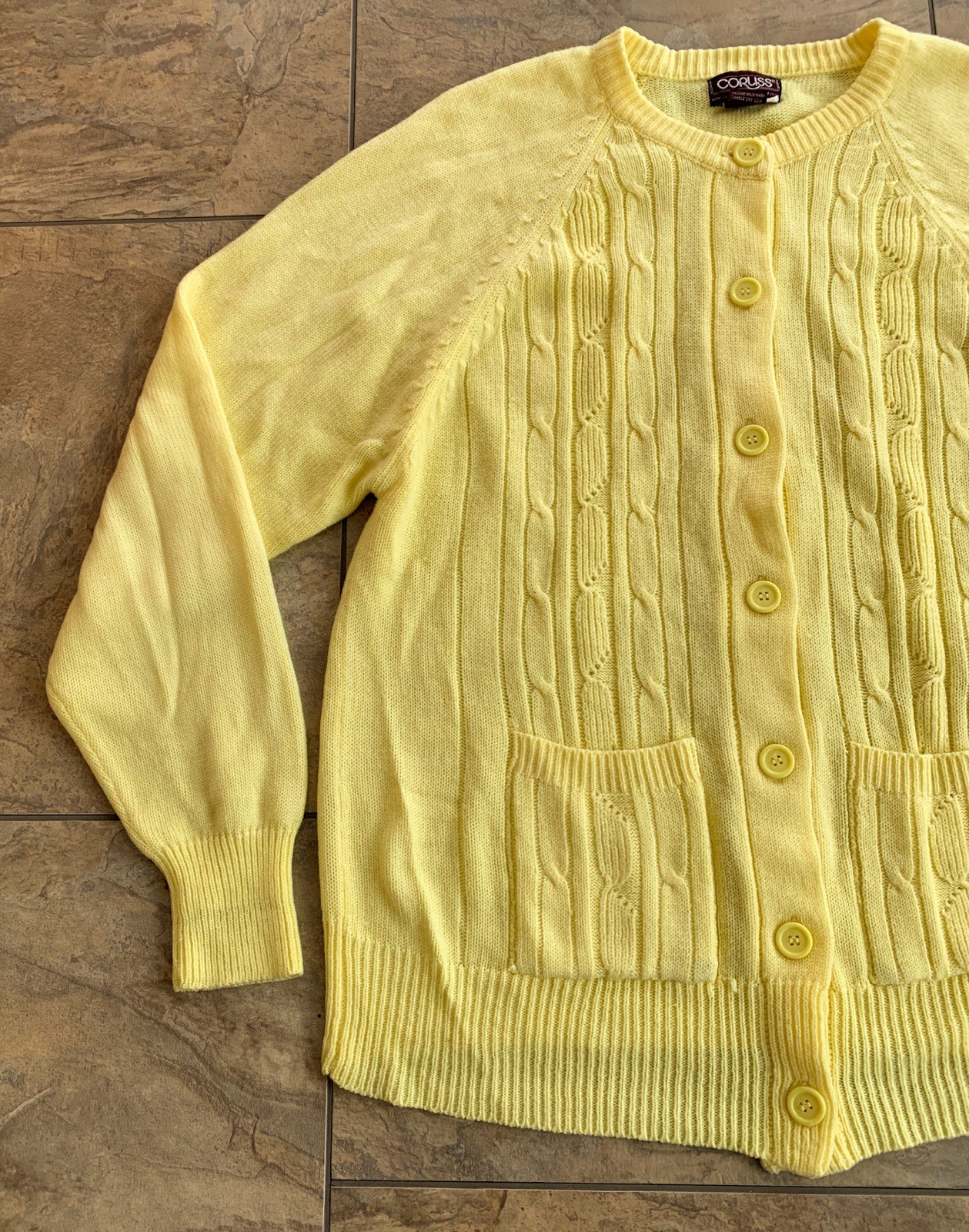 Vintage 70s Corliss Women’s 44 XL Yellow Button Up Cardigan Sweater Pockets