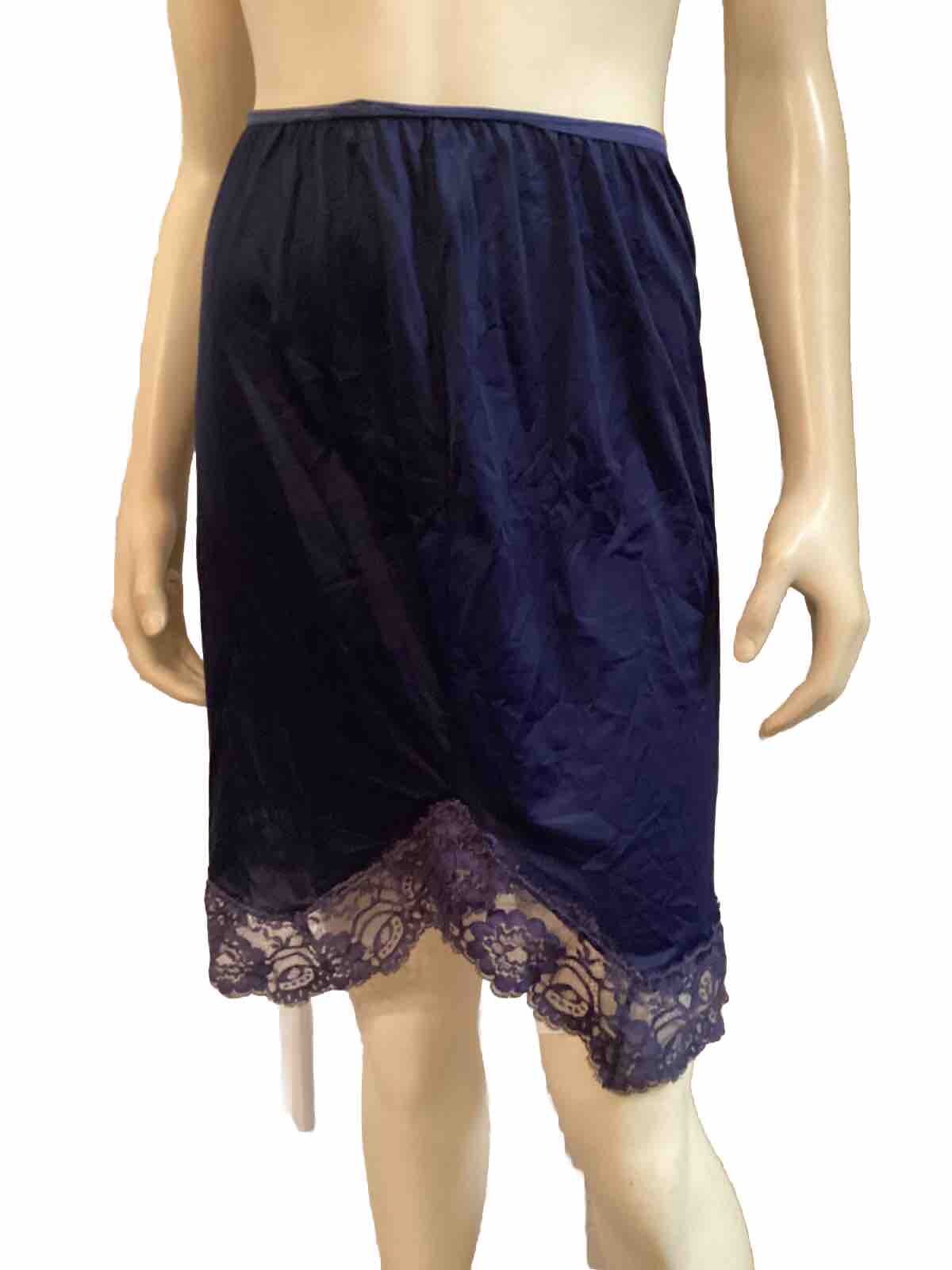 Melrose Vintage Nylon Half Slip Navy Blue 21” Long Wide Lace Trim Slits On Sides