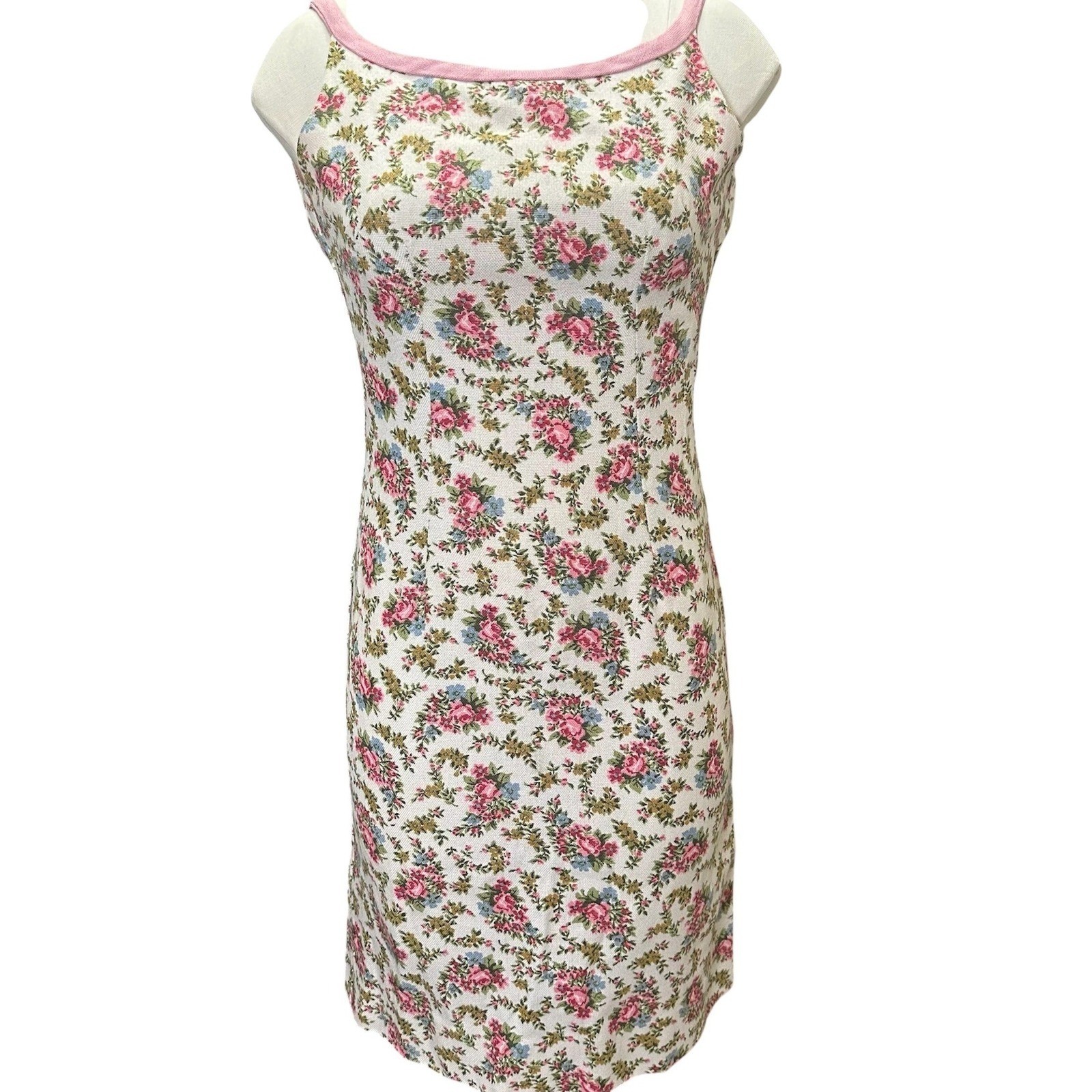 Vintage Floral Midi Slip Dress Pink Trim Y2K Cottagecore Coquette Aesthetic S/M