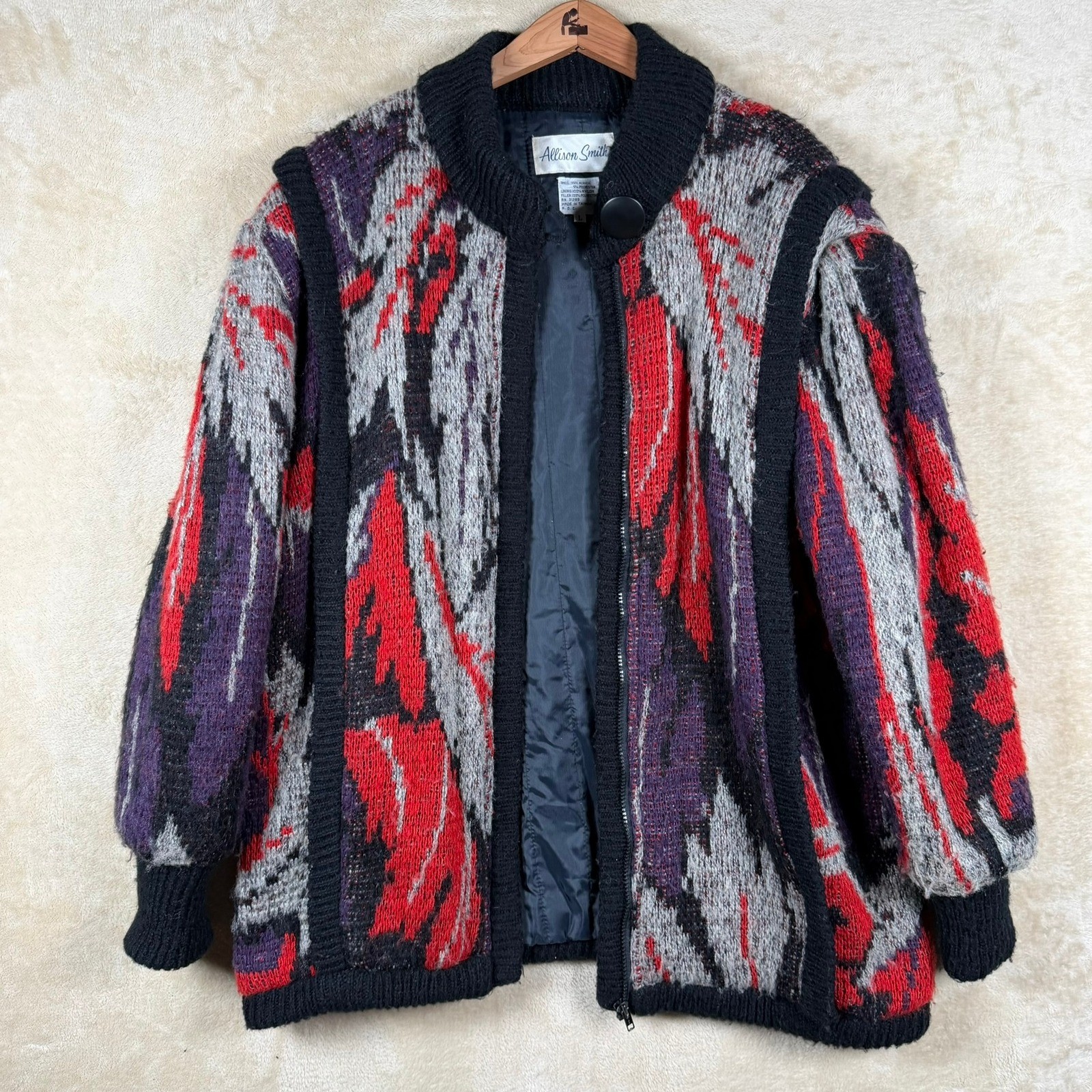 Allison Smith Vintage Abstract Knit Cardigan L Sweater Zip Up Jacket Multicolor