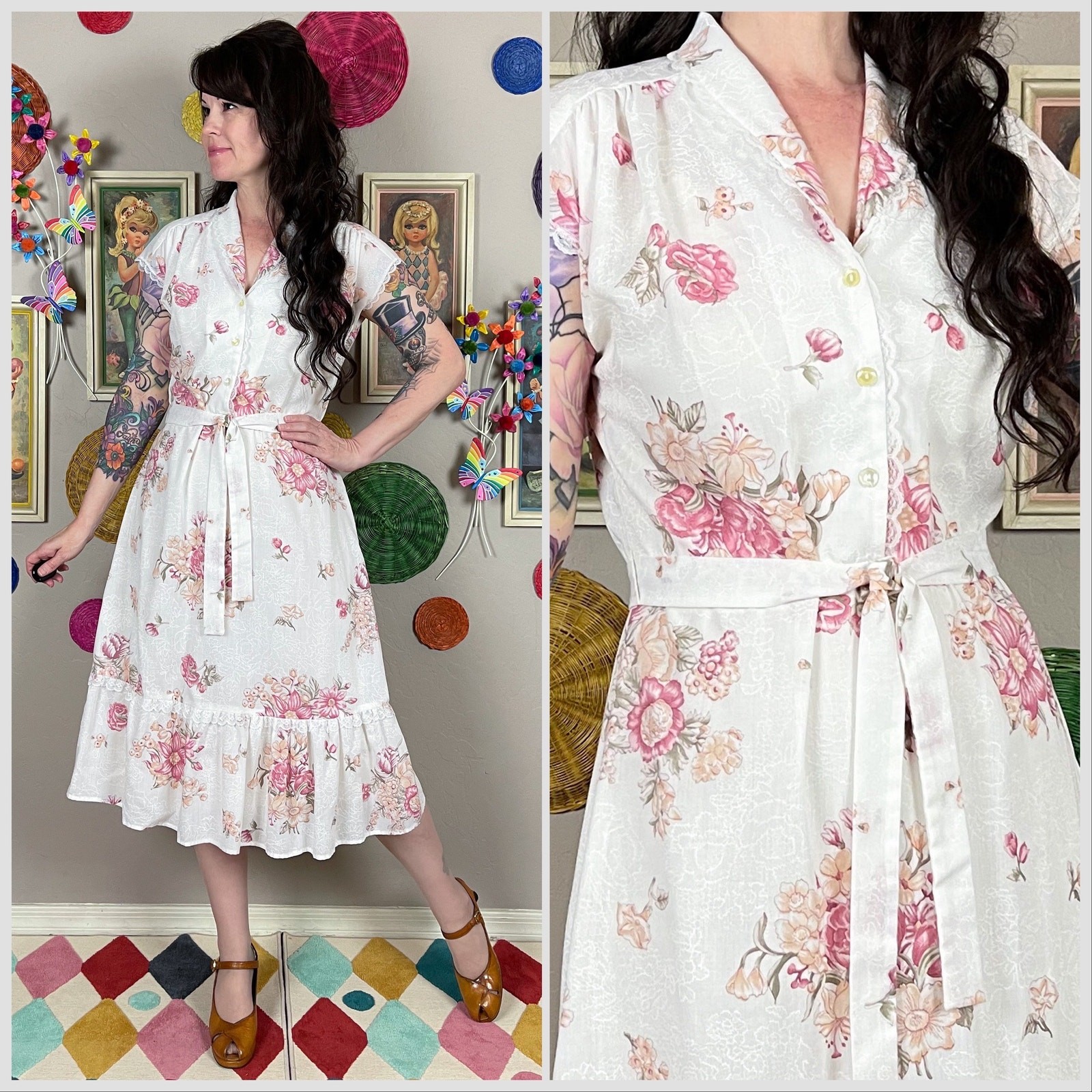 Vintage 1970s Romantic Floral Print Short Sleeve Cotton Midi Dress | 30″ Waist