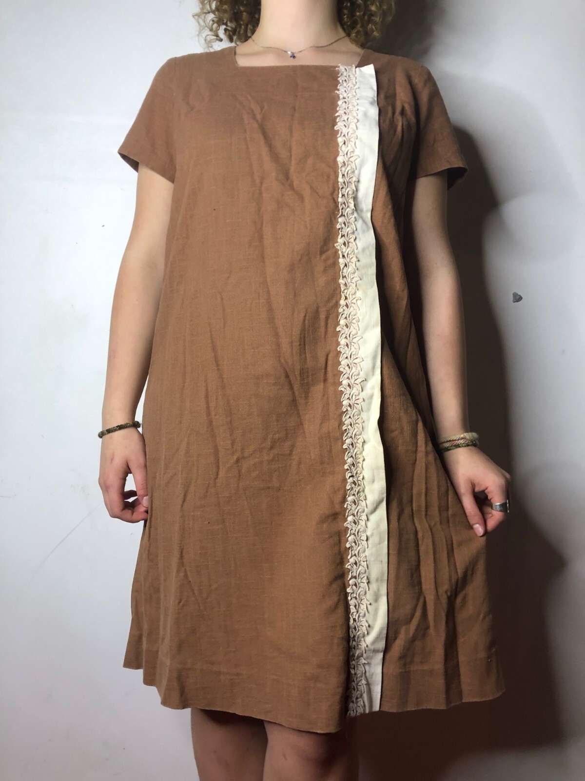 Vintage Revelry 1960s Brown Tunic Dress Linen with Embroidery AU 14